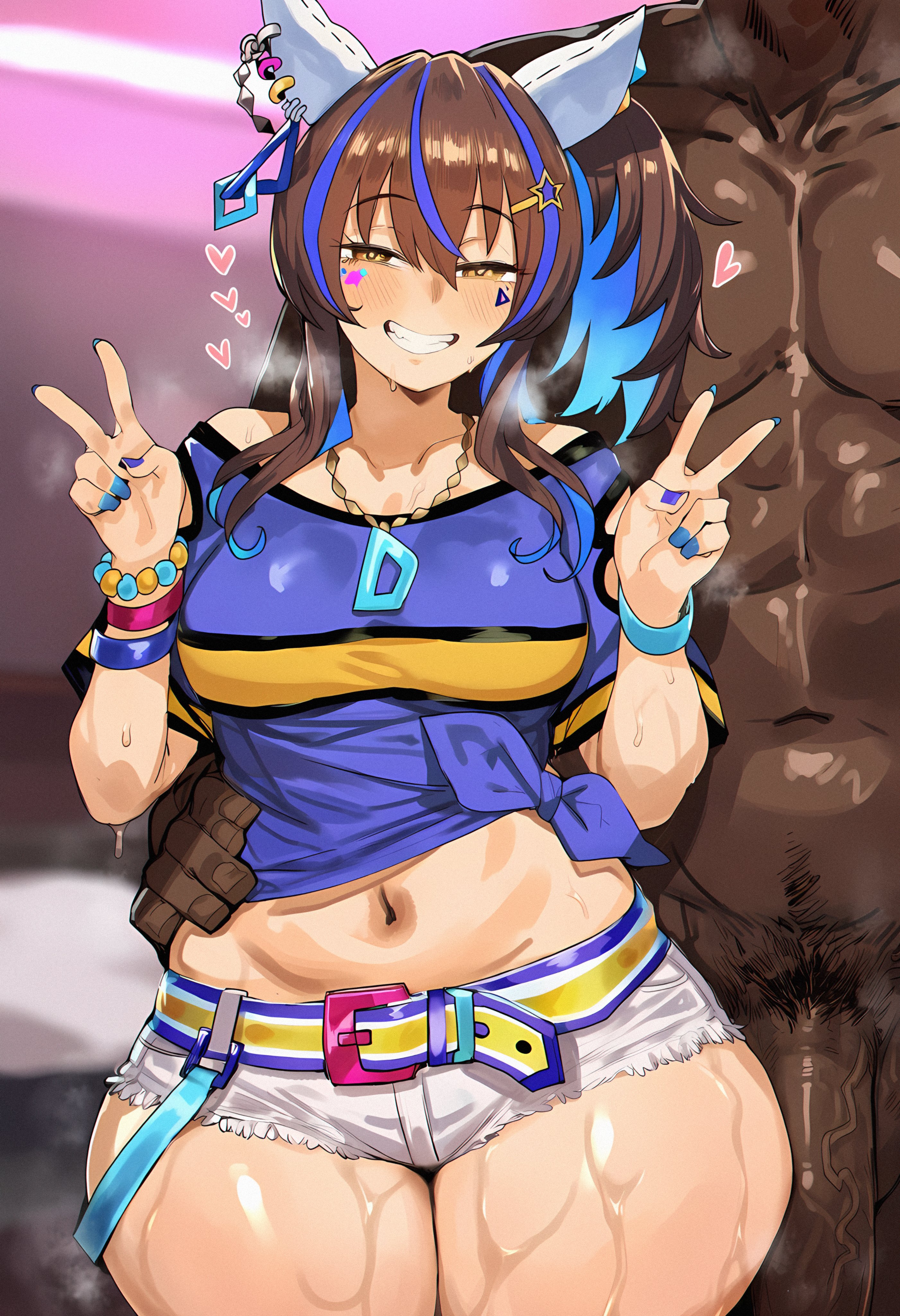 1boy, 1boy1girl, 1girl, 1girl1boy, 1girls, 2026, accessory, ai, ai art, ai generated, alluring, animal ears, animal penis, aroused, aroused expression, aroused face, aroused female, aroused smile, attractive, attractive body, attractive female, attractive woman, barely clothed, beautiful, beautiful body, beauty, before sex, belly, belly button, belt, big boobs, big breasts, big penis, big thighs, blue belt, blue nails, blue shirt, blue strand of hair, blurry background, blush, blush lines, blushing, bracelet, breasts, breath, breath cloud, breathing, breathing heavily, breedable hips, brown hair, child bearing hips, clothed, clothed female, clothed female nude male, clothing, curvaceous, curvaceous body, curvaceous female, curvaceous figure, curves, curvy, curvy body, curvy female, curvy figure, curvy hips, daitaku helios (fun fun party night) (umamusume), daitaku helios (umamusume), dark skin, dark-skinned male, divine, divine feminine, divine slut, double peace sign, duo, duo focus, ear piercing, earrings, enormous thighs, excited, excited expression, excited face, excited female, excited for sex, faceless male, female, female focus, fingernails, flaccid, flaccid penis, floating heart, floating hearts, flush, flushed, flushed cheeks, from behind, genlation, gigantic thighs, glossy, glossy body, glossy skin, golden eyes, gorgeous, gorgeous female, grabbing waist, gyaru, hair, hair ornament, hand on hip, handles, head out of frame, heart, heart symbol, hearts around head, horny, horny expression, horny face, horny female, horse ears, horse girl, hot, hourglass figure, hourglass figured female, huge breasts, huge cock, huge penis, huge thighs, hyper thighs, indoor, indoors, inminent sex, interracial, jewelry, large breasts, legs, legs together, light skin, light-skinned female, looking at viewer, male, male/female, massive thighs, meaty thighs, medium breasts, mostly clothed, mostly clothed female, mostly naked male, mostly nude male, muscular, muscular male, nails, nails painted, naked, naked male, narrow shoulders, narrow waist, narrowed eyes, naughty, naughty face, naughty girl, naughty smile, navel, no visible balls, no visible eyes, no visible face, no visible nipples, nude, nude male, oiled, oiled body, oiled breasts, oiled skin, open clothes, peace sign, pectorals, peekaboo hair, ponytail, ponytail female, pose, posing, posing for picture, pubic hair, sexy, sexy body, shiny, shiny breasts, shiny skin, short shorts, shorts, side ponytail, sizzling, slender, slender body, slender waist, smile, smiley face, smiling, smiling at viewer, standing, standing behind, steam, steaming, steaming body, steamy, steamy breath, straight, streaked hair, sweat, sweatdrop, sweaty, sweaty body, sweaty breasts, sweaty legs, sweaty thighs, taller male, tattoo, tattoo under eye, thick, thick hips, thick legs, thick thighs, thighs, tied shirt, tight clothes, tight clothing, topless male, tummy, two-tone hair, umamusume, umamusume pretty derby, uncensored, unseen male face, upper body focus, veiny penis, viewed from front, visible breath, waist, waist grab, wet legs, wet thighs, white shorts, wide hipped female, wide hips, wide thighs, yellow eyes
