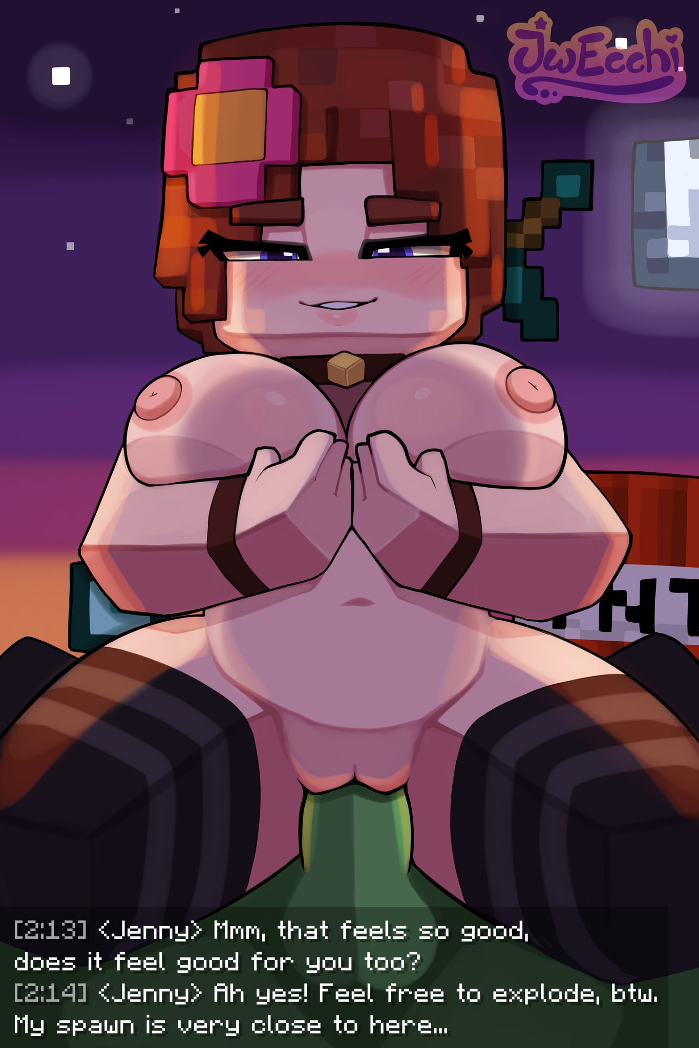 1boy, 1boy1girl, 1girl, 1girl1boy, 1girls, 2025, creeper (minecraft), jenny belle, jenny belle (slipperyt), jwecchi, jwecchi (artist), looking at viewer, minecraft, minecraft block, minecraft chat, minecraft girl, minecraft mob