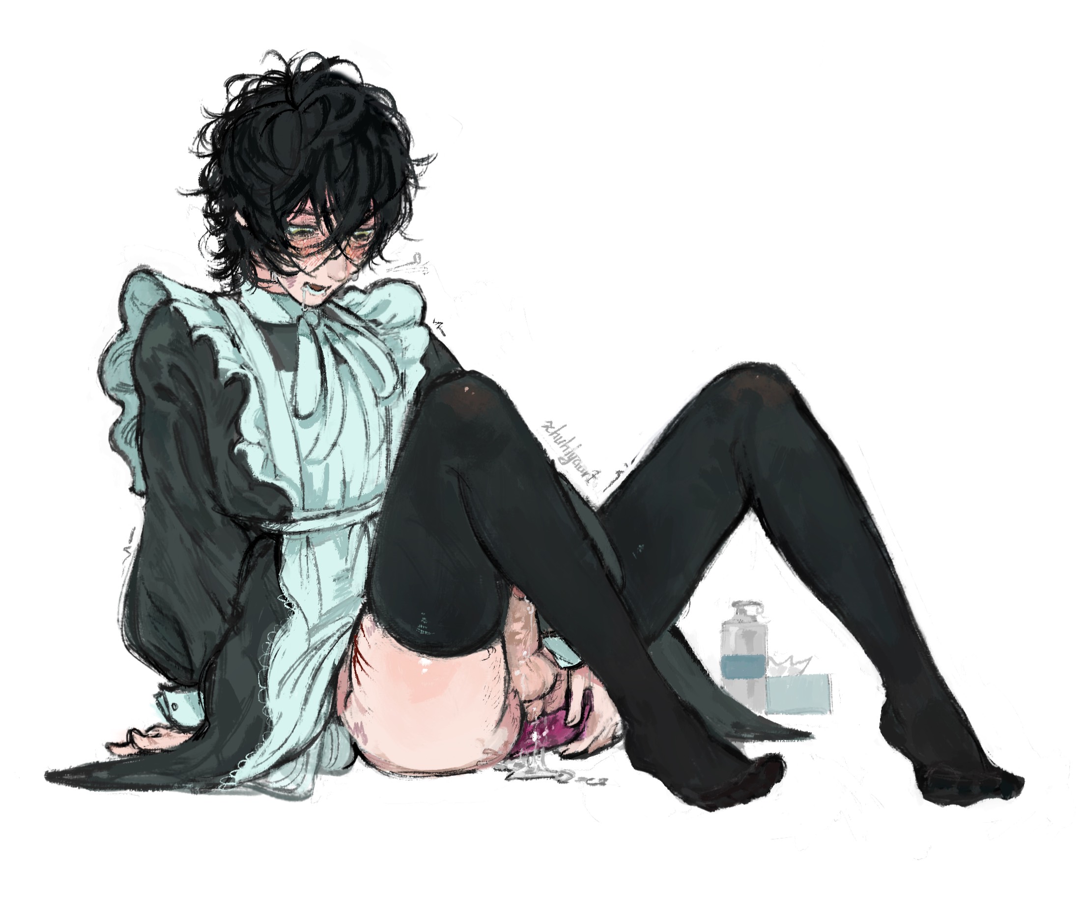 1boy, black hair, boy, bruise, bruised, crossdressing, cum on balls, cum on floor, cum on penis, cuts, cuts on thighs, degrees of lewdity, dildo, dildo in ass, dildo penetration, femboy, fluffy hair, full body, green eyes, kylar (degrees of lewdity), kylar (dol), kylar (male) (degrees of lewdity), leaking cum, leaking penis, leaking precum, legs, light skin, light-skinned male, looking down, maid, maid outfit, maid uniform, male, male focus, male in dress, male only, male penetrating, messy hair, pale skin, pale-skinned male, penetrable sex toy, penetration, penis, scars, selfharm, selfharm scars, sex toy, sex toy in ass, sitting, stockings, stockings thigh highs, sweat, sweatdrop, sweating, toy, twink, white background
