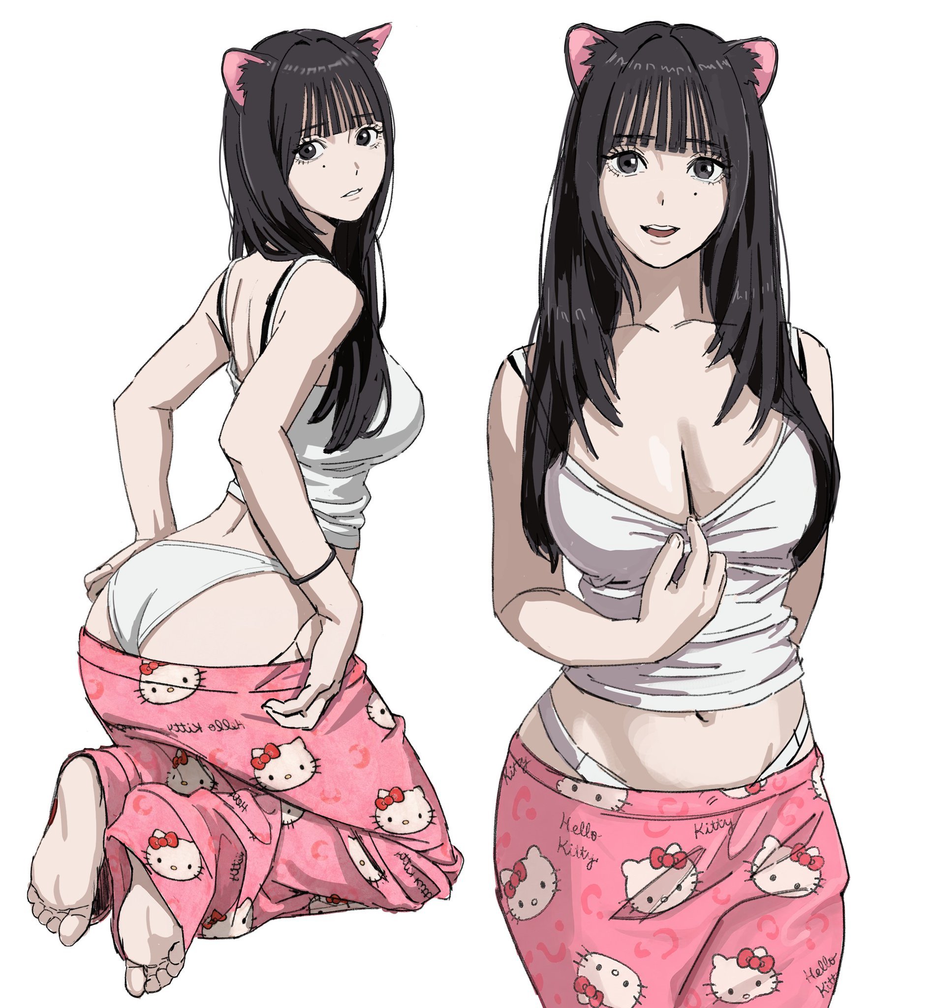 1girls, 2d, 2d (artwork), 2d artwork, animal ear fluff, animal ears, arm behind back, ass, ass cleavage, ass crack, back, back view, backboob, background, behind view, belly, belly button, black eyes, black hair, black-eyed female, black-haired female, blank background, breasts, butt, cat ears, cleavage, collarbone, curvaceous, curvaceous body, curvaceous female, curvaceous figure, curvaceous hips, curvy, curvy ass, curvy body, curvy female, curvy figure, curvy hips, dark hair, digital, digital art, digital drawing, digital drawing (artwork), digital media, digital media (artwork), drawing, elbows, eyebrows visible through hair, female, female focus, female only, fingernails, fingers, from behind, from front, front view, full body view, hand behind back, head tilt, kneeling, kneeling female, kneeling on floor, kneeling on ground, large breasts, lean figure, long hair, looking at viewer, looking back, looking back at viewer, median furrow, monotone background, narrow waist, navel, oc, one color background, open mouth, open mouth smile, original, original art, original artwork, original character, panties, pants, pants aside, pants down, parted lips, plain background, posing, posing for the viewer, rear view, shiren, shoulder blades, shoulders, sideboob, slender body, slender waist, slim female, slim waist, smile, smiley face, smiling, smiling at viewer, solid color background, solo, standing, tank top, three-quarter view, tilted head, tongue, top view, topwear, trousers, trousers down, underwear, upper body, upper teeth, viewed from behind, white background, white panties, white tank top, white topwear, white underwear, wide hips