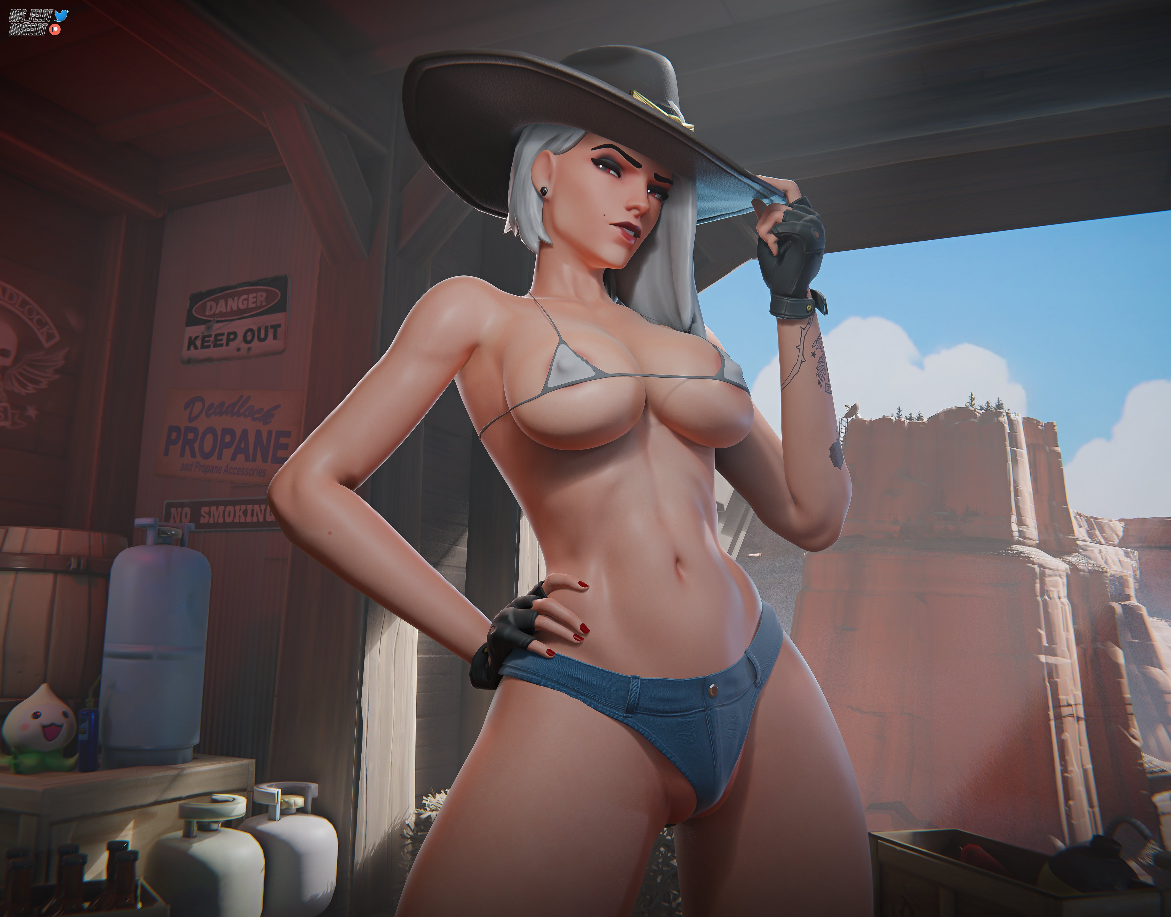 areola slip, areolae, ashe (overwatch), athletic, athletic female, beauty mark, big boobs, big breasts, big tits, bikini, bikini top, black gloves, boobs, breasts, cameltoe, cow girl, cowboy hat, denim, denim shorts, female, female focus, female only, fingerless gloves, gloves, hasfeldt, large boobs, large breasts, large tits, lipstick, looking at viewer, nipple bulge, nipples, nipples visible through clothing, overwatch, painted nails, red eyes, red fingernails, short shorts, shorts, solo, tattoo, tattooed arm, tattoos, tits, titties, toned, toned female, white hair