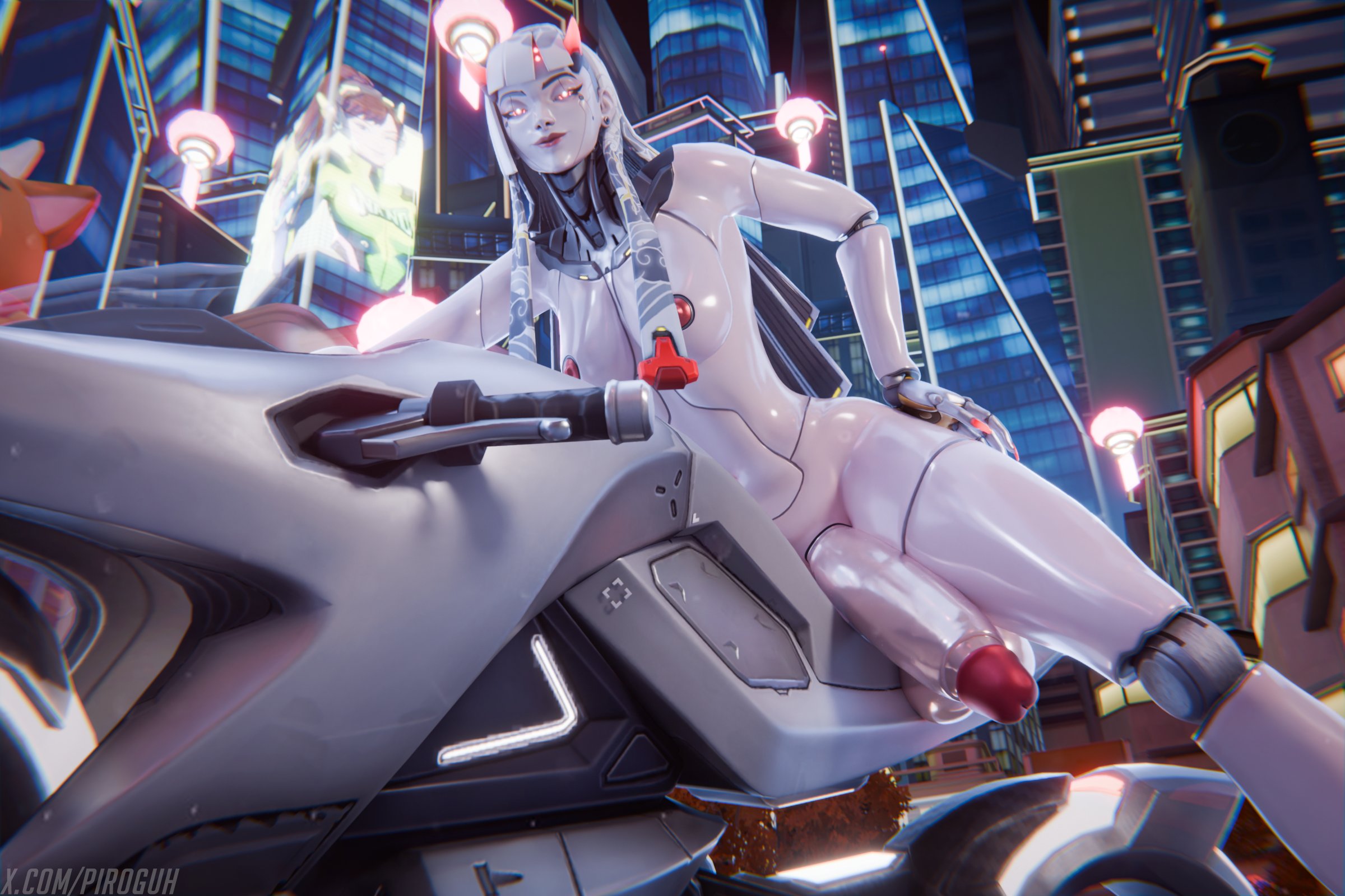 1futa, 3d, areolae, blizzard entertainment, breasts, futa only, futanari, nipples, nude, nude futa, overwatch, overwatch 2, piroguh, robot futa, shion (overwatch), white body, white hair