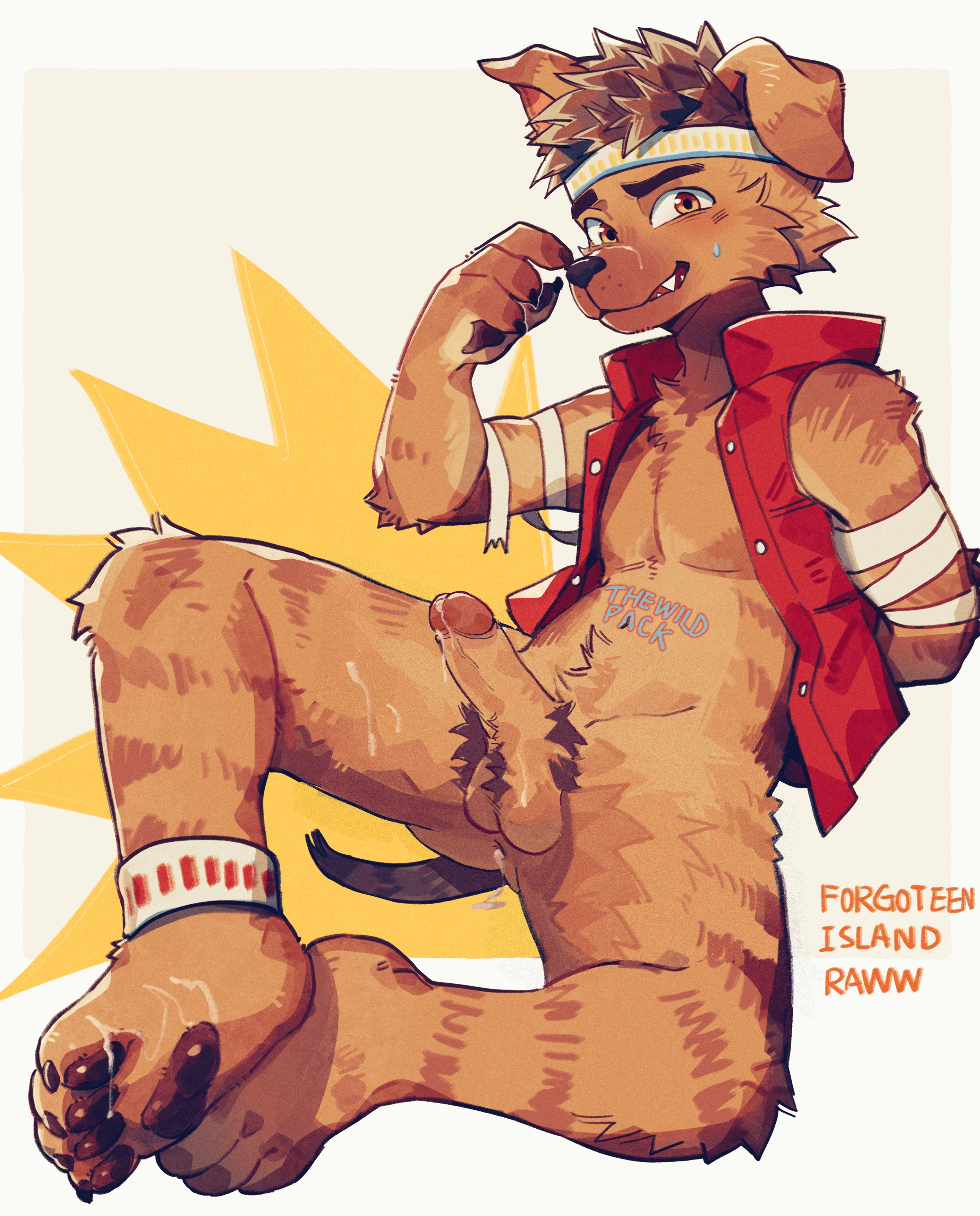 1boy, 2026, anus, ass, balls, blue eyes, brown fur, cub, cum, cum in ass, dreamworks, erection, forgotten island, furry, furry only, ganezu, looking at viewer, male, male only, penis, pubic hair, raww (forgotten island), simple background, solo, weredog