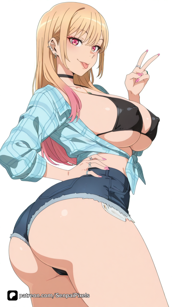 1girl ai_generated artist_name ass bangs bikini bikini_top_only black_bikini black_choker blonde_hair breasts choker covered_nipples denim denim_shorts ear_piercing earrings gradient_hair gyaru hand_on_hip jewelry kitagawa_marin large_breasts long_hair looking_at_viewer marin_kitagawa multicolored_hair my_dress_up_darling patreon piercing pink_hair pink_nails plaid plaid_shirt questionable red_eyes ring senpai_pixels sensitive shirt short_shorts shorts simple_background solo sono_bisque_doll_wa_koi_wo_suru swimsuit thighs tied_shirt tongue tongue_out twisted_torso underboob underbutt v white_background