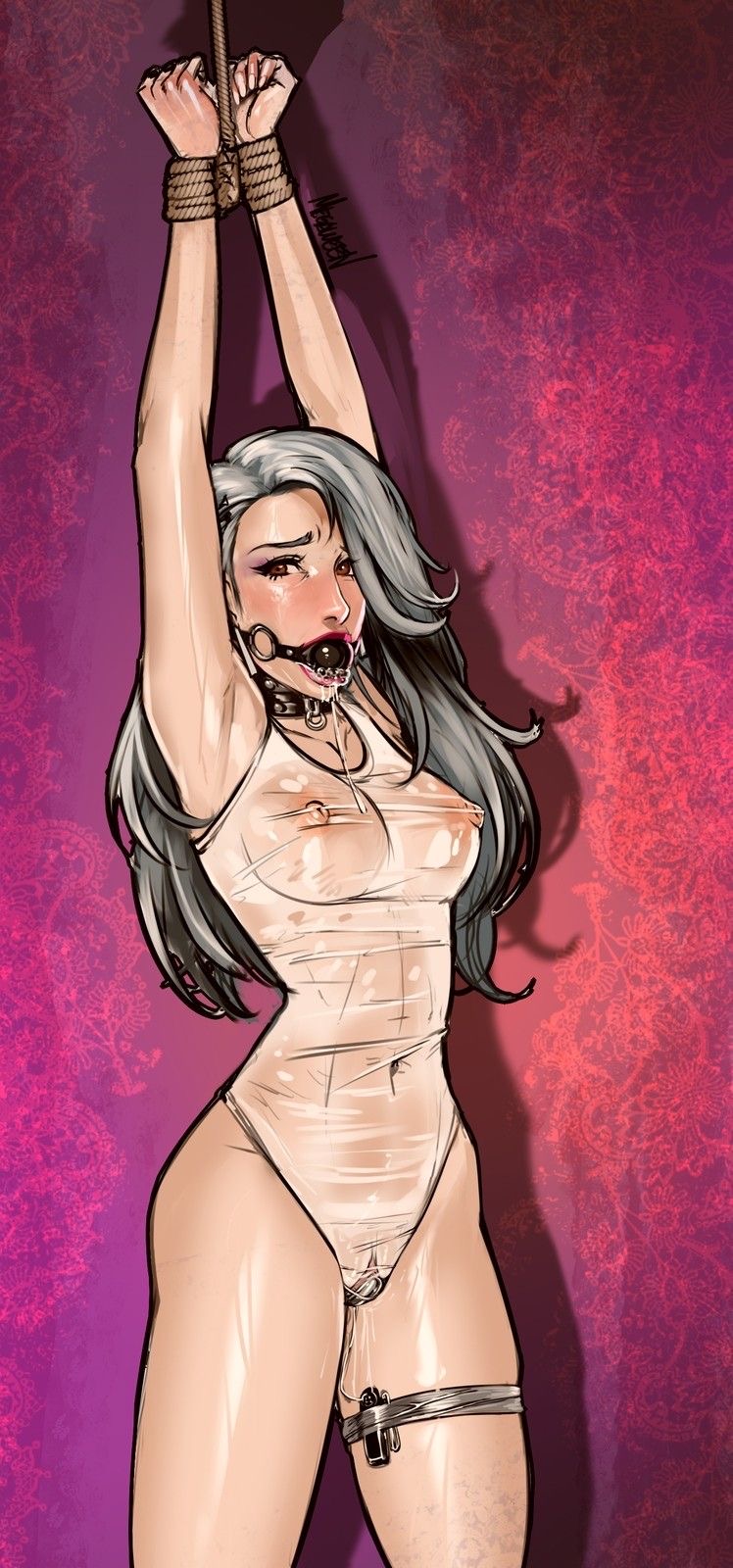 1girls, ball gag, big breasts, bondage, bound, breasts, brown eyes, drool, drooling, female, female only, femsub, gag, gagged, grey hair, megaween, nipples, nipples visible through clothing, persona, persona 5, pussy, pussy juice, pussy juice drip, rope, sae niijima, saliva, solo, translucent clothing, vibrator