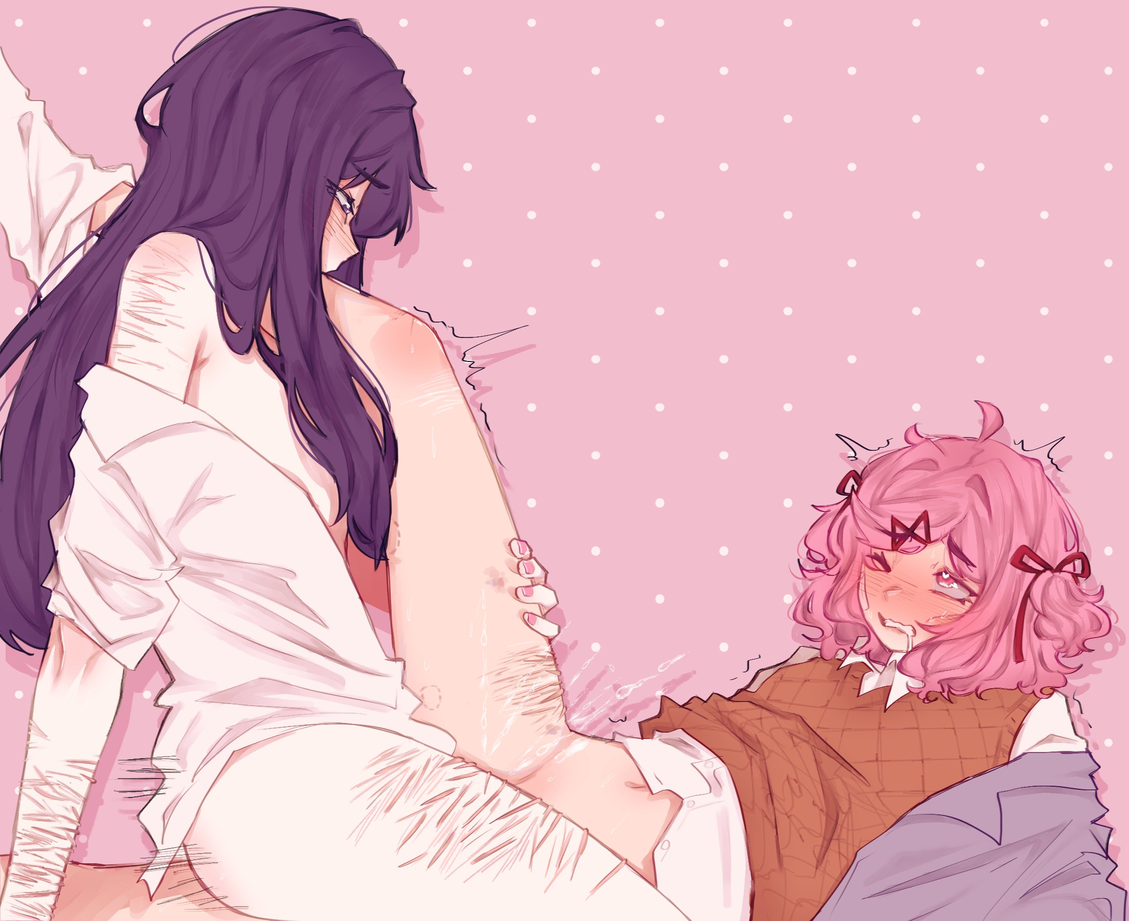 2girls, arm support, bite mark, bite mark on thigh, blush, blushing, bottomless, bottomless female, color, colored, convenient censoring, convenient censorship, doki doki literature club, drool, drooling, female, female only, female/female, heart-shaped pupils, hickey, hickeys on thighs, leg over shoulder, lesbian, lesbian sex, long hair, medium hair, motion lines, multiple girls, natsuki (doki doki literature club), partially clothed, partially clothed female, pink hair, pink-haired female, pleasure face, pockiseisont, purple hair, purple-haired female, pussy grinding, pussy to pussy, scar, scars, scissoring, self harm scars, shirt open, spread legs, squirting, trembling, tribadism, yuri, yuri (doki doki literature club)