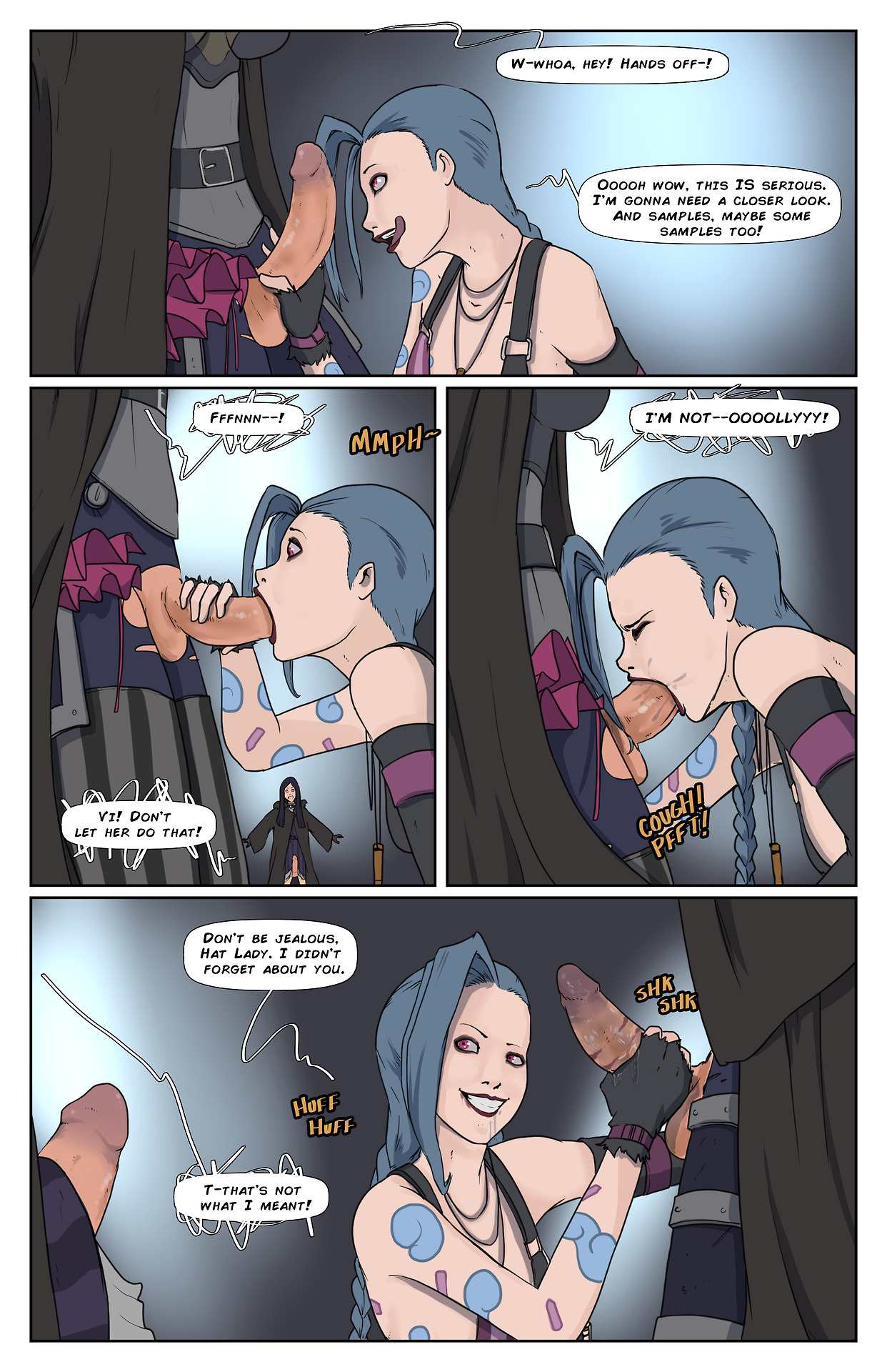 1girls, 2futas, balls, blue hair, breasts, caitlyn kiramman, canon couple, clothing, comic, couple, deepthroat, dialogue, dickgirl, fellatio, female, futa on female, futa with futa, futanari, group, group sex, incest, intersex, jinx (league of legends), league of legends, licking lips, long hair, open mouth, oral, penetration, penis, pink hair, riot games, siblings, sisters, speech bubble, tattoo, text, threesome, vi, voyeur, zaun-derground