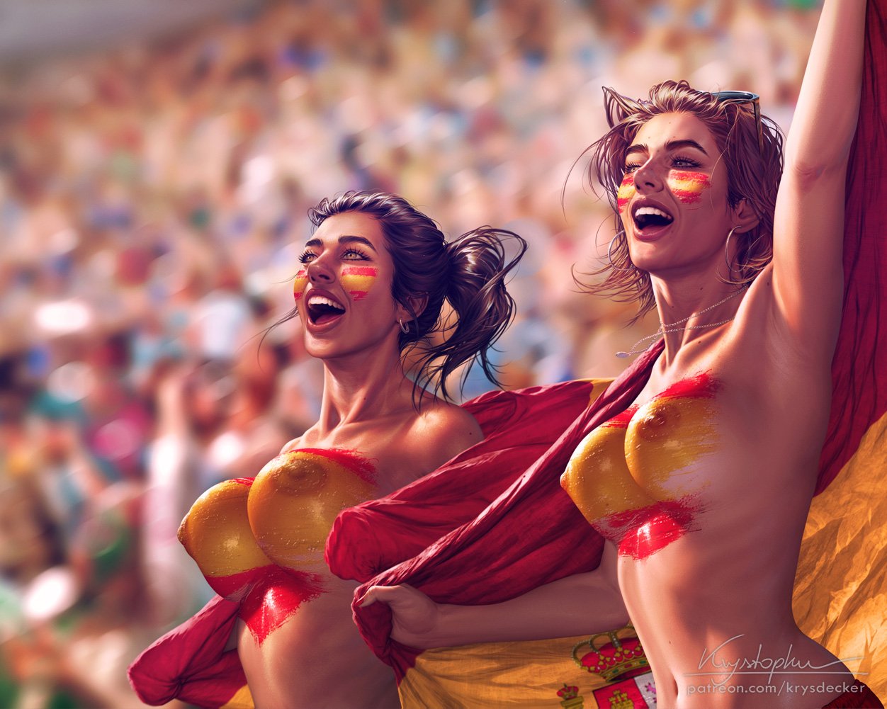 areola, areolae, big breasts, bodypaint, breasts, dark skin, dark-skinned female, exposed, exposed breasts, female, female focus, female only, fifa, iris (krysdecker), krysdecker, light skin, light-skinned female, maya (krysdecker), nipples, nude, nude female, paint, painted breasts, public, public nudity, soccer, spain, spanish flag, tanned, tanned female, tanned skin, world cup