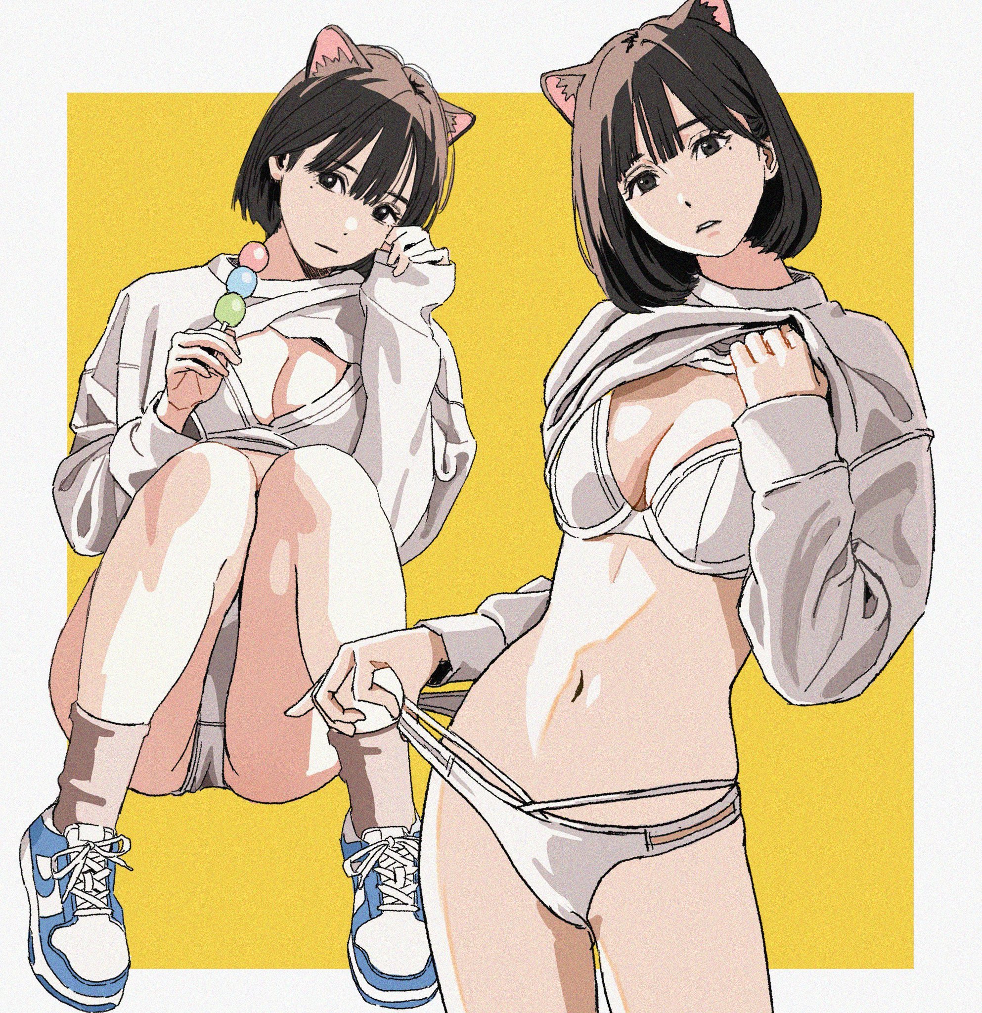 1girls, 2d, 2d (artwork), 2d artwork, animal ear fluff, animal ears, average breasts, background, bare belly, bare hips, bare legs, bare midriff, bare navel, bare skin, bare thighs, belly, belly button, bra, breasts, cat ears, cleavage, clothes, clothes aside, clothes lift, clothes up, curvy, curvy body, curvy female, curvy figure, curvy hips, dango, digital, digital art, digital drawing, digital drawing (artwork), digital media, digital media (artwork), drawing, exposed, exposed belly, exposed hips, exposed legs, exposed midriff, exposed navel, exposed skin, exposed thighs, female, female focus, female only, female torso, fingers, footwear, groin, half naked, half nude, head tilt, hourglass figure, knees up, lean figure, looking at viewer, matching underwear, medium breasts, midriff, mole, mole on body, mole on face, mole under eye, multicolored background, naked, naked female, naked woman, narrow waist, navel, nude, nude female, nudity, oc, original, original art, original artwork, original character, panties, partially undressed, plain background, semi nude, shiren, shoes, short hair, shoulders, slender body, slender waist, slim female, slim waist, solo, standing, thigh gap, thighs, tilted head, topwear, topwear aside, topwear lift, topwear up, two-tone background, underwear, upper body, vly, white background, white bra, white panties, white underwear, wide hips, yellow background