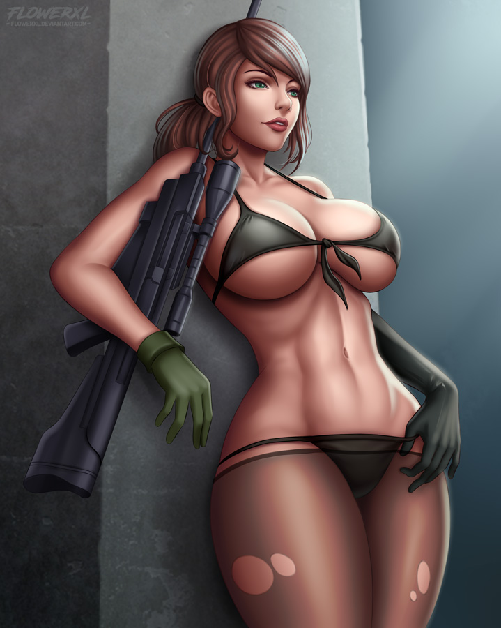big breasts, breasts, cleavage, female, female only, flowerxl, fully clothed, large breasts, metal gear solid, metal gear solid v, panties, quiet (metal gear), revealing clothes, skimpy clothes, solo
