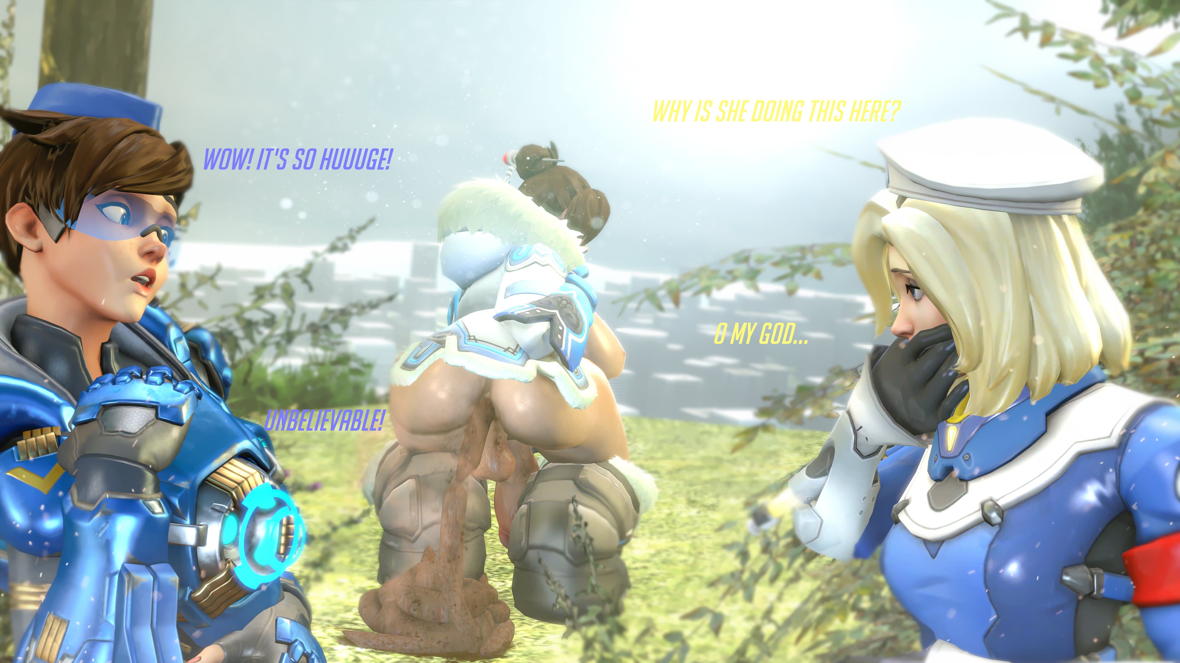1futa, 2girls, 3d, asian, asian futa, ass, backsack, balls, ballsack, beret, bottomless, breasts, cadet oxton, combat medic ziegler, erection, female, futanari, huge penis, hyper breasts, intersex, large ass, large balls, mei (overwatch), mercy, mitrild-sfm, no bra, nurse, overwatch, overweight, penis, scat, tracer