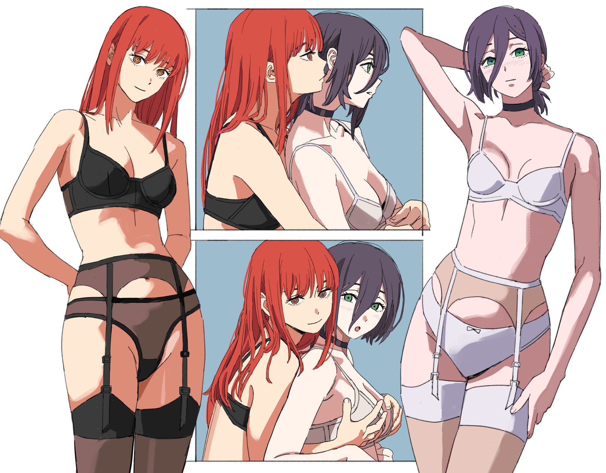 :o, 2d, 2d (artwork), 2d artwork, 2girls, adult, adult female, adult on teenager, anime, anime character, arm behind back, arm behind head, armpits, arms behind back, average breasts, background, belly, belly button, black bra, black choker, black garter belt, black garter straps, black hair, black panties, black underwear, black-haired female, blank background, boob grab, bra, braid, braided hair, braided ponytail, breast grab, breast grab from behind, breast grabbed from behind, breasts, breasts apart, busty, busty female, caressing breasts, chainsaw man, choker, cleavage, closed mouth smile, collarbone, curvaceous, curvaceous body, curvaceous female, curvaceous figure, curvaceous hips, curvaceous teenager, curvy, curvy body, curvy female, curvy figure, curvy hips, curvy teen, digital, digital art, digital drawing, digital drawing (artwork), digital media, digital media (artwork), double breast grab, drawing, duo, elbows, european, european female, european girl, exposed, fanart, female, female focus, female only, female torso, fingernails, fingers, fondling, fondling breasts, from front, from side, front view, garter belt, garter straps, grabbing breast, grabbing breasts, grabbing breasts from behind, grabbing tits, green eyes, green-eyed female, groin, grope, grope from behind, groped from behind, groping, groping breast, groping breasts, groping chest, groping from behind, hair between eyes, half naked, half nude, hand behind back, hand behind head, hand on hair, hand on head, hand on leg, hand on own hair, hand on own head, hand on own leg, hand on own thigh, hand on thigh, hands behind back, head tilt, inframammary fold, inguinal crease, inguinal ligament, landscape, lean figure, light smile, long hair, looking at viewer, makima (chainsaw man), mappa, matching underwear, mature, mature female, mature woman, medium breasts, midriff, monotone background, multiple females, multiple girls, multiple views, naked, naked female, naked woman, narrow waist, navel, nude, nude female, nudity, one color background, open mouth, panties, parted lips, partially undressed, petite, petite body, petite breasts, petite female, petite girl, petite tits, plain background, ponytail, posing, posing for the viewer, posing naked, posing nude, profile, red hair, red-haired female, reze (chainsaw man), ring eyes, ringed eyes, russian, russian female, russian girl, semi nude, shiren, shonen jump, short hair, short ponytail, shoulders, shueisha, side view, slender body, slender waist, slight smile, slim female, slim waist, small boobs, small breasts, small tits, smile, smiley face, smiling, smiling at viewer, solid color background, standing, teen girl, teenage female, teenage girl, teenager, thick thighs, thigh gap, thighs, tied hair, tilted head, tiny breasts, tiny tits, tongue, top view, touching breast, touching breasts, touching hair, touching head, touching leg, touching thigh, underwear, underwear only, upper body, weekly shonen jump, white background, white bra, white garter belt, white garter straps, white panties, white underwear, wide hips, woman, yellow eyes, yellow-eyed female, young female, young woman
