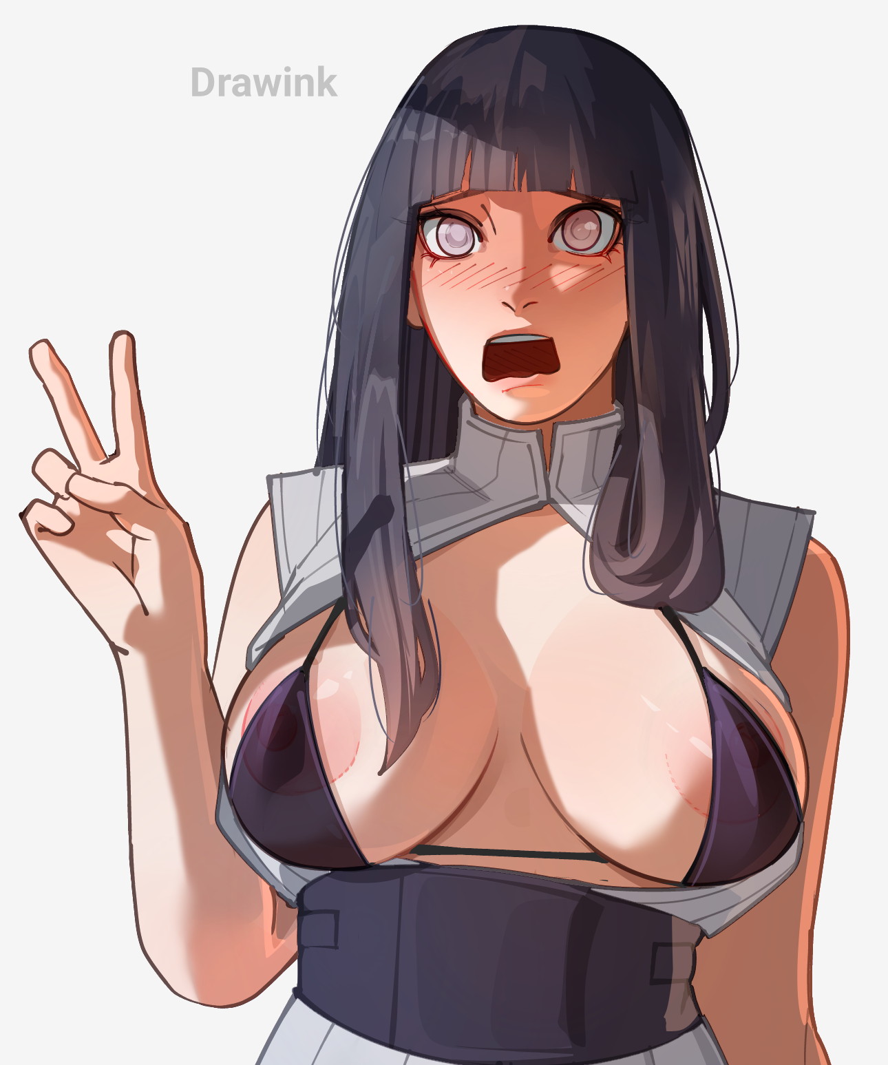 1girls, areolae, asian female, bangs, bare arms, bare shoulders, belt, bikini, bikini top, black bikini, black bikini top, black bra, blue hair, blush, boobs, boobs out, bra, breasts, breasts out, canon costume, canonical outfit, cleavage, cute, cute face, drawink, embarrassed, embarrassed expression, embarrassed female, erect nipples, erect nipples under clothes, exposed breasts, eyelashes, female, female focus, female only, flashing breasts, hi res, high resolution, highres, hinata hyuga, hinata hyuuga, hinata uzumaki, huge areolae, hyuga hinata, hyuuga hinata, inner sideboob, japanese female, large areolae, light skin, light-skinned female, lips, lipstick, long hair, makeup, micro bikini, naruto, naruto (series), naruto shippuden, naruto: the last, nipple bulge, nose blush, open mouth, pale skin, pale-skinned female, peace sign, pink lips, pink lipstick, pose, posing, presenting breasts, purple eyes, see-through, see-through bra, see-through clothing, shonen jump, shounen jump, shueisha, shy, shy expression, sideboob, sleeveless, sleeveless shirt, solo, solo female, solo focus, standing, tits, tits out, uzumaki hinata, v, very high resolution, wavy hair, weekly shonen jump, weekly shounen jump, white background