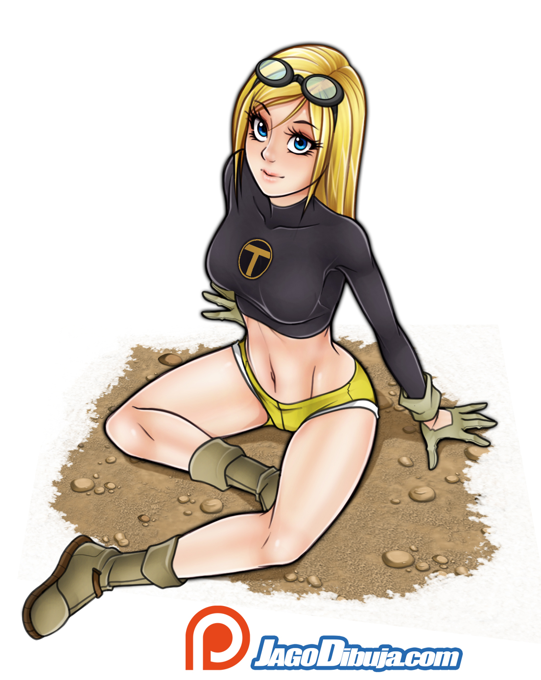 arm support, artist name, belt, blonde hair, blue eyes, boots, breasts, clothed, clothing, crop top, dc, dc comics, eyelashes, eyewear, female, female only, footwear, full body, gloves, goggles, goggles on head, handwear, highres, human, jago dibuja, long hair, medium breasts, midriff, navel, on ground, shirt, short shorts, shorts, simple background, sitting, solo, teen titans, terra, terra (dc), toned, white background