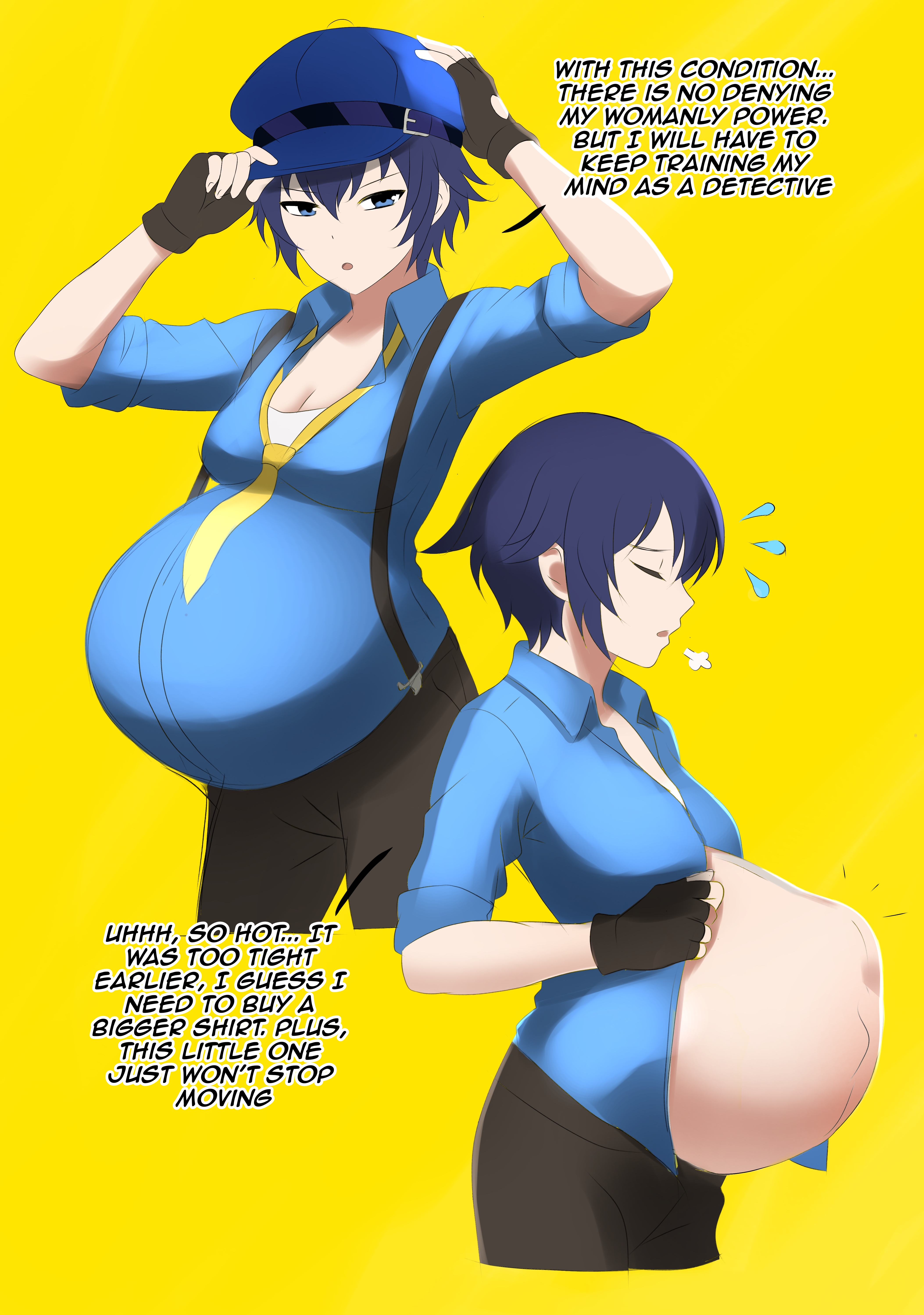 1girls, big belly, bloated belly, blue eyes, blue hair, casual, casual pregnancy, cleavage, clothed, clothing, female, female only, fetal movement, hat, heavily pregnant, human, naoto shirogane, navel, nonsexual, outie navel, pale skin, persona, persona 4, persona 4: dancing all night, pregnant, sarawa kotoku, shirogane naoto, short hair, undressing