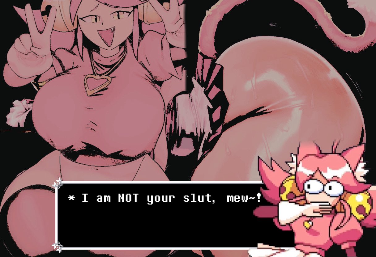 1girl 1girls anime anime_style big_ass cat_ears cat_tail catgirl deltarune deltarune_chapter_5 dialogue_box digital_drawing_(artwork) digital_media_(artwork) fat_ass mad_mew_mew mew_mew_(undertale) peace_sign pink_body smile sprite text_box undertale undertale_(series) wide_hips wide_thighs