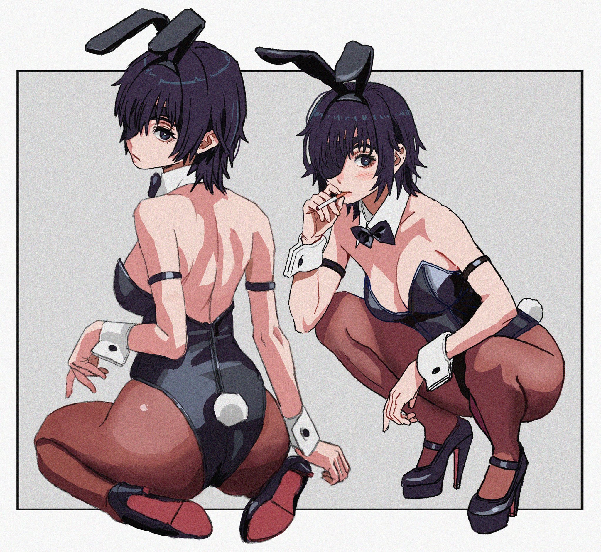 1girls, 2d, 2d (artwork), 2d artwork, adult, adult female, anime, anime character, ass, ass cleavage, ass crack, average breasts, back, backboob, background, black bowtie, black bunny ears, black bunnysuit, black eyepatch, black footwear, black hairband, black high heels, black legwear, black leotard, black pantyhose, black shoes, black stockings, black tights, black topwear, blush face, blush lines, blushing, blushing female, blushing lines, bowtie, breasts, bunny costume, bunny ears, bunny tail, bunnygirl, bunnygirl outfit, bunnysuit, butt, calves, chainsaw man, cigarette, cigarette in mouth, cigarette smoke, cleavage, collar, collarbone, curvy, curvy body, curvy female, curvy figure, curvy hips, digital, digital art, digital drawing, digital drawing (artwork), digital media, digital media (artwork), drawing, elbows, eyepatch, fanart, female, female focus, female only, fingers, flushed, flushed face, footwear, full body, grey background, groin, head tilt, hi res, high heels, high res, high resolution, highres, himeno (chainsaw man), hourglass figure, knees, landscape, lean figure, legs, legs folded, legwear, leotard, looking at viewer, looking back, looking back at viewer, mappa, mature, mature female, mature woman, median furrow, medium breasts, multicolored background, narrow waist, pantyhose, plain background, posing, posing for the viewer, seiza, shiren, shoes, shonen jump, short hair, shoulder blades, shoulders, shueisha, sitting, sitting on ass, sitting on feet, sitting on floor, sitting on ground, sitting on knees, sitting on leg, sitting on soles, slender body, slender waist, slim female, slim waist, smoking, smoking cigarette, solo, squat, squatting, squatting female, squatting pose, stockings, thick ass, thick butt, thighs, tights, tilted head, topwear, two-tone background, weekly shonen jump, white background, white border, white collar, white wrist cuffs, wide hips, woman, wrist cuffs