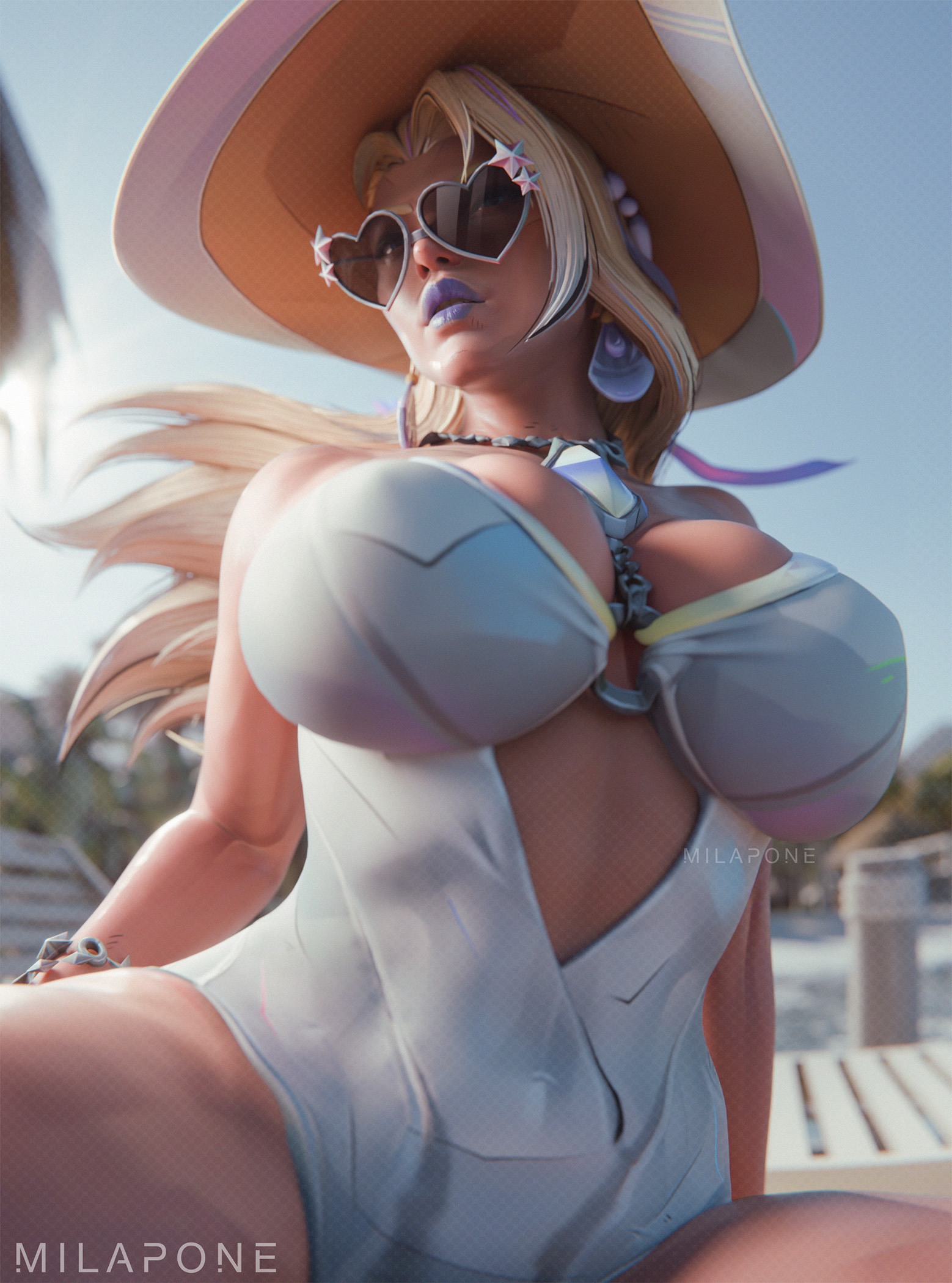 1girls, 3d, blonde hair, blue lipstick, emma frost, emma frost (marvel rivals), emma frost (white wave queen), female, female only, light skin, light-skinned female, lipstick, makeup, marvel, marvel comics, marvel rivals, milapone, solo, swimsuit