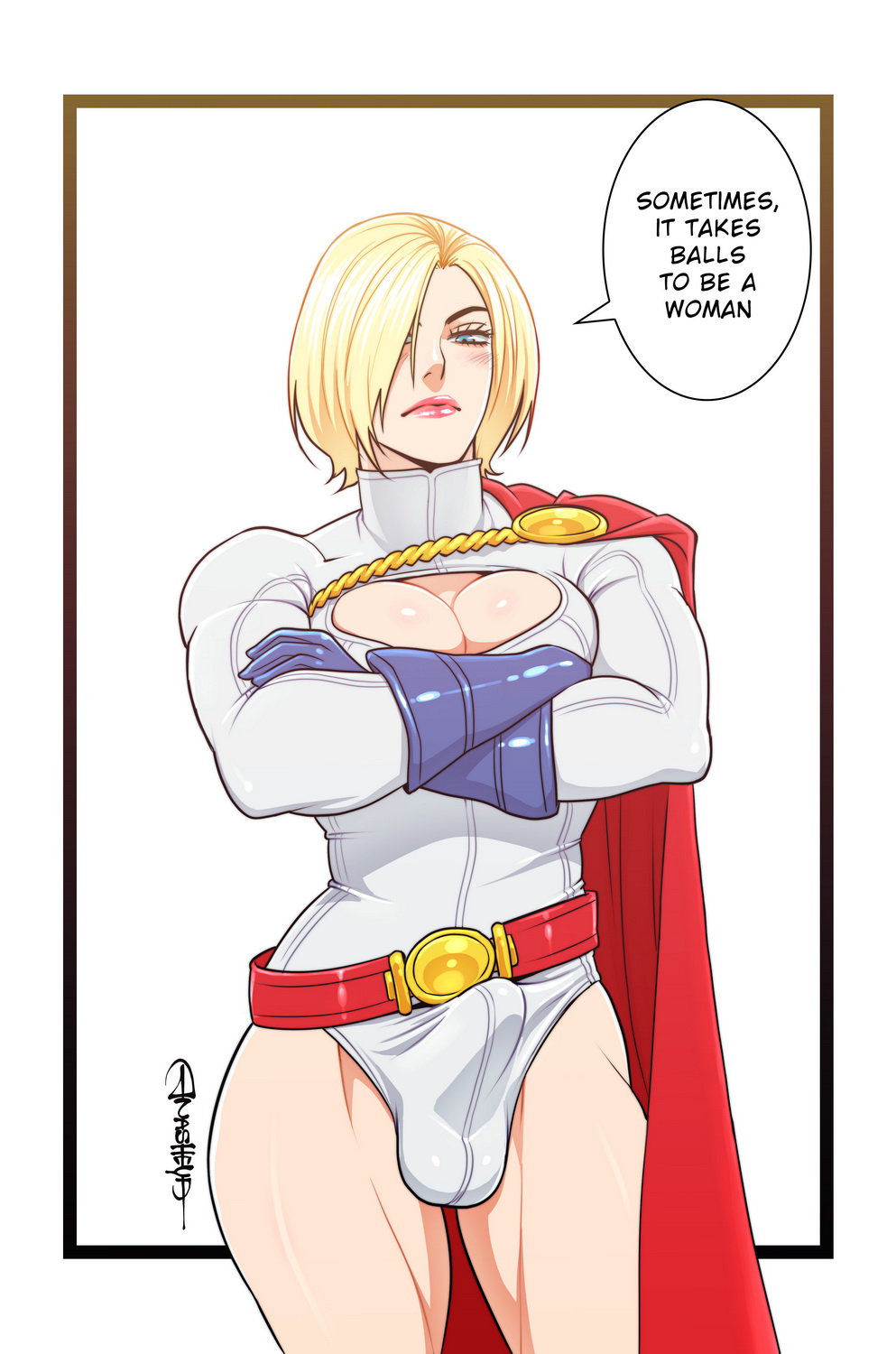 1futa 2d 2d_(artwork) anasheya artist_signature balls balls_in_leotard blonde_futa blonde_hair blonde_hair_blue_eyes blonde_hair_futa blue_eyes border breasts bulge cape cleavage cleavage_cutout dc dc_comics digital_drawing_(artwork) digital_media_(artwork) erect_penis erection erection_under_clothes futa_only futanari hair_over_one_eye hourglass_figure intersex kryptonian leotard lipstick looking_at_viewer mascara penis penis_in_leotard penis_under_clothes power_girl slim_waist solo solo_futa speech_bubble superheroine superman_(series) talking_to_viewer testicles text white_background white_leotard