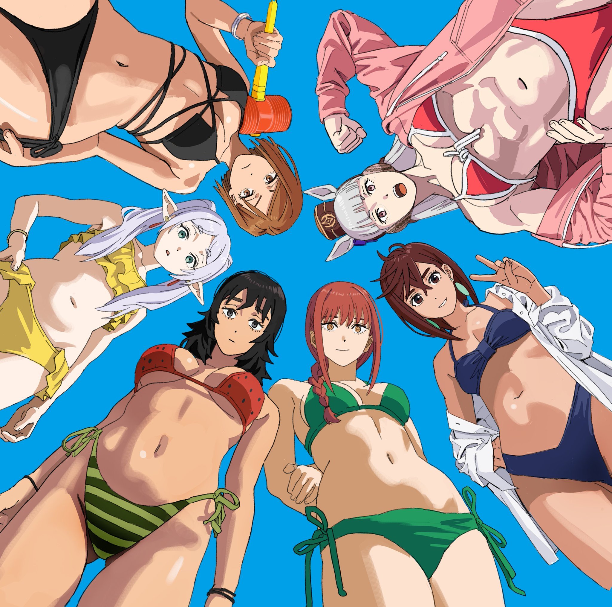 1:1, 1:1 aspect ratio, 2d, 2d (artwork), 2d artwork, 6girls, abs, adult, adult female, anime, anime character, anya (mouthwashing), arm behind back, asian, asian female, asian girl, ass visible from the front, ass visible through thighs, average breasts, ayase momo, background, baddie, bare arms, bare belly, bare chest, bare hands, bare hips, bare legs, bare midriff, bare navel, bare shoulders, bare skin, bare thighs, belly, belly button, bewitching thighs, big boobs, big breasts, bikini, bikini bottom, bikini only, bikini top, black bikini, black bikini bottom, black bikini top, black eyes, black hair, black swimsuit, black swimwear, black-eyed female, black-haired female, blue background, blue bikini, blue bikini bottom, blue bikini top, blue swimsuit, blue swimwear, bracelet, braid, braided hair, braided ponytail, breasts, breasts apart, brown eyes, brown hair, brown-eyed female, brown-haired female, busty, busty female, busty girl, busty teen, busty teenager, chainsaw man, child bearing hips, cleavage, closed mouth smile, coat, collarbone, crossed bangs, crossover, curvaceous, curvaceous body, curvaceous female, curvaceous figure, curvaceous hips, curvaceous teenager, curvy, curvy body, curvy female, curvy figure, curvy hips, curvy teen, dandadan, dark hair, digital, digital art, digital drawing, digital drawing (artwork), digital media, digital media (artwork), drawing, earrings, eastern and western character, elbows, elf, elf ear, elf ears, elf female, elf girl, exposed, exposed arms, exposed belly, exposed chest, exposed hips, exposed legs, exposed midriff, exposed navel, exposed shoulders, exposed skin, exposed thighs, fanart, female, female focus, female only, female protagonist, fertile, fertile hips, fingers, fist, fit female, flexing, flexing bicep, frieren, frilled bikini, frilled bikini bottom, frilled bikini top, frilled swimsuit, from below view, from front, front view, gilf, gold ship (umamusume), grandma, granny, green bikini, green bikini bottom, green bikini top, green eyes, green swimsuit, green swimwear, green-eyed female, groin, gyaru, hair between eyes, half naked, half nude, halterneck, hammer, hand behind back, hand on arm, hand on hip, hand on leg, hand on own arm, hand on own hip, hand on own leg, hand on own thigh, hand on own waist, hand on thigh, hand on waist, head tilt, high school student, highleg, highleg bikini, highleg bikini bottom, hip dips, horse ears, horse girl, hourglass figure, inframammary fold, inguinal crease, inguinal ligament, jacket, japanese, japanese female, japanese girl, jujutsu kaisen, kugisaki nobara, large boobs, large breasts, lascivious, lean figure, legs closed, legs together, light smile, linea alba, long hair, looking at viewer, looking down, looking down at viewer, low angle view, low-angle shot, madhouse, makima (chainsaw man), mappa, mature, mature female, mature woman, medium breasts, midriff, monotone background, mouthwashing (game), multiple females, multiple girls, muscular, muscular female, naked, naked female, naked shirt, naked woman, narrow waist, navel, nude, nude female, nudity, old female, one color background, open clothes, open clothing, open coat, open jacket, open mouth, open shirt, open topwear, parted lips, partially undressed, peace sign, pink coat, pink eyes, pink jacket, pink-eyed female, plain background, pointy ears, ponytail, posing, posing for the viewer, posing naked, posing nude, questionable, red bikini, red bikini bottom, red bikini top, red hair, red swimsuit, red swimwear, red-haired female, ring eyes, ringed eyes, school girl, school girls, schoolgirl, science saru, semi nude, shiren, shirt, shonen jump, short hair, shoulders, shueisha, side-tie bikini, sign, silver hair, silver hair female, silver-haired female, slender body, slender waist, slight smile, slim female, slim waist, small boobs, small breasts, small tits, smile, smiley face, smiling, smiling at viewer, solid color background, sousou no frieren, standing, stomach, string bikini, swimsuit, swimwear, teen girl, teenage female, teenage girl, teenage girls, teenage tits, teenager, thick thighs, thigh gap, thighs, thighs together, tilted head, tiny breasts, tiny tits, tongue, top view, touching arm, touching hip, touching leg, touching thigh, touching waist, toy hammer, umamusume, umamusume pretty derby, unbuttoned, unbuttoned shirt, underboob, upper body, upper teeth, v, v sign, view from below, viewed from below, watermelon bikini, weekly shonen jump, white hair, white shirt, white topwear, white-haired female, wide hips, woman, yellow bikini, yellow bikini bottom, yellow bikini top, yellow eyes, yellow swimsuit, yellow swimwear, yellow-eyed female, young female, young woman