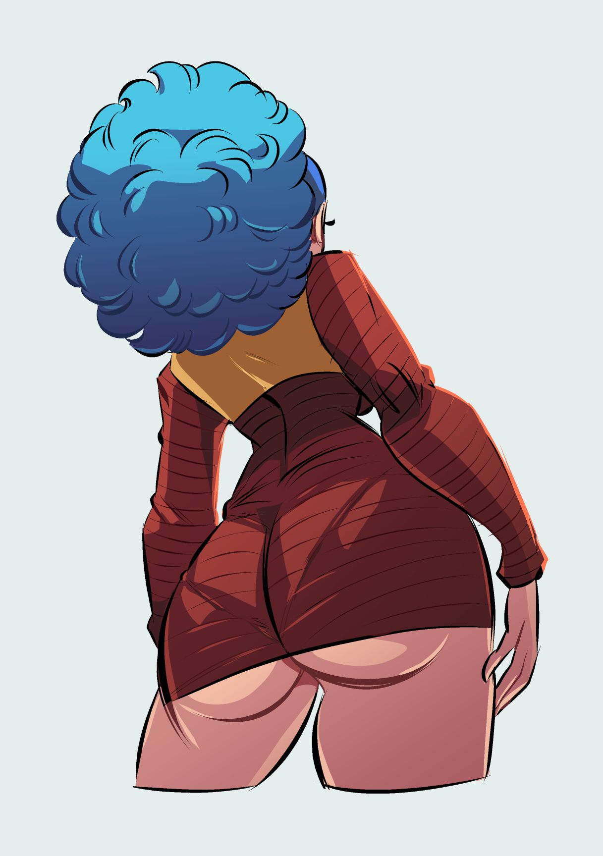 ass hanging out, ass hanging out of skirt, blue hair, bottomless, bottomless skirt, bubble butt, bulma, bulma (afro), bulma (dragon ball), bulma briefs, butt focus, butt view, curvy female, curvy figure, dragon ball, dragon ball z, female, full color, full colored, funsexydragonball, upskirt