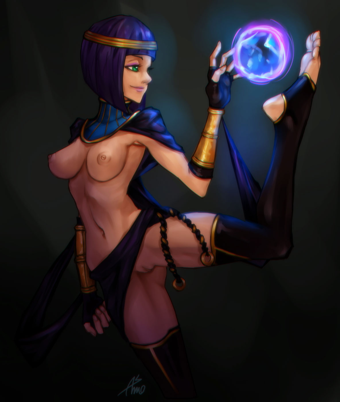 1girls, areolae, asmo, bob cut, breasts, dark skin, dark-skinned female, egyptian, feet, female, female only, menat (street fighter), nipples, pussy, solo, street fighter