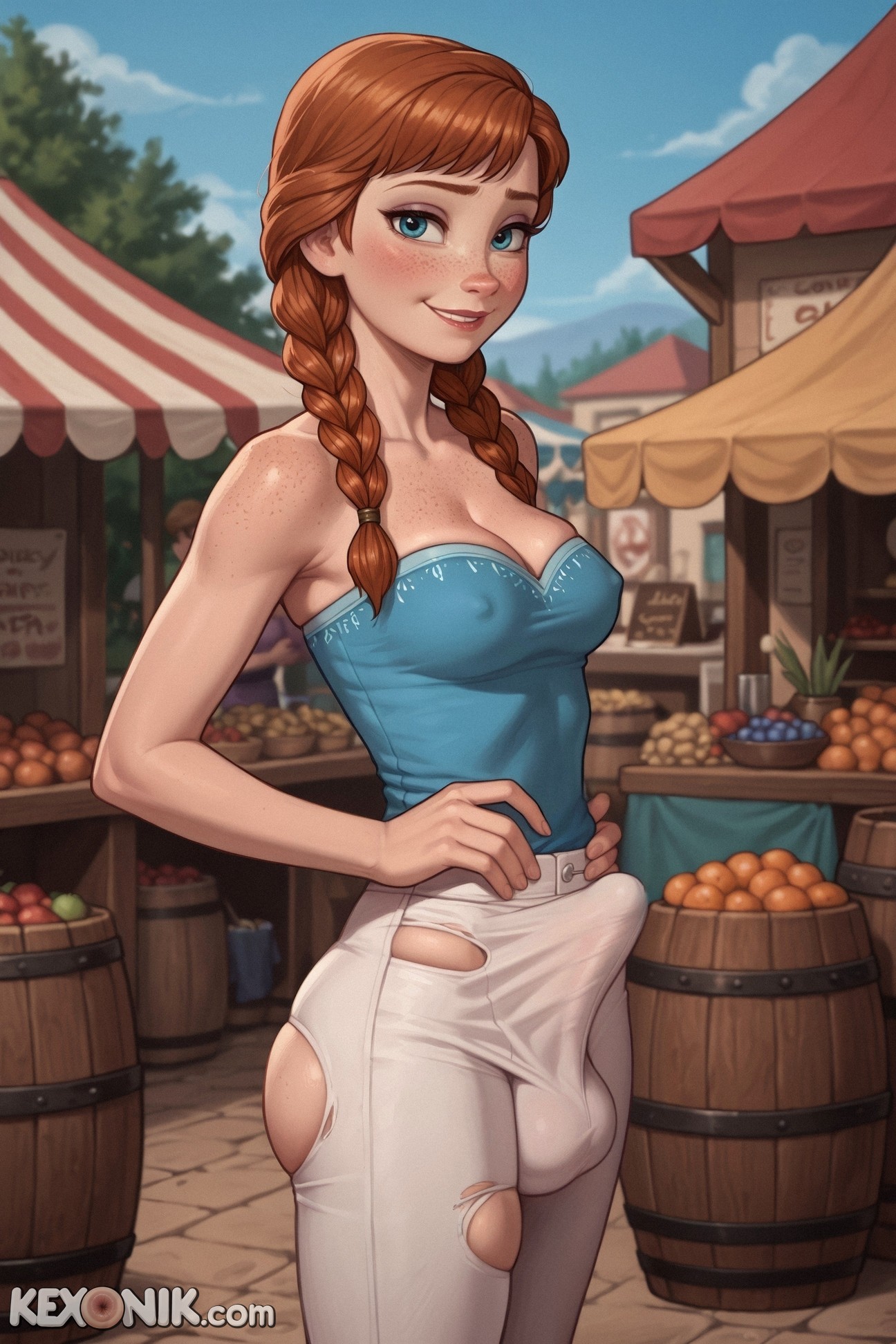 1futa, 1futanari, ai generated, anna (frozen), ass focus, ass grab, bulge, cleavage, close-up, clothed, covered breasts, covered nipples, dickgirl, disney, disney princess, frozen (film), frozen 2, futa, futanari, ginger, huge ass, kexonik, looking at viewer, market, medium breasts, narrowed eyes, naughty smile, petite, petite body, public, redhead, revealing clothes, sagging breasts, scrotum, skindentation, skinny, slim, solo, squishing, strapless, torn, torn clothes