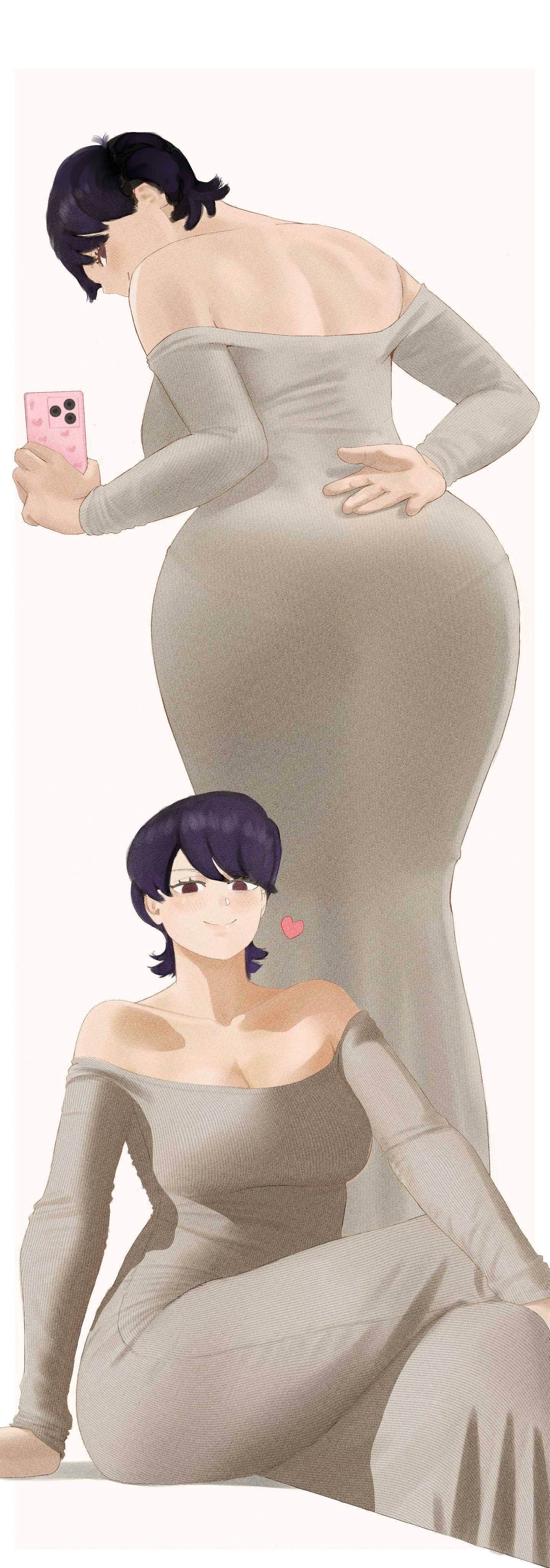 1girls, ahsern19552, alternate version available, ass, ass shot, back view, backboob, big ass, big breasts, blush, breasts, brown eyes, cleavage, clothing, crossed legs, dress, female, female only, front view, hair, heart, hips, holding object, holding phone, komi shuuko, komi-san wa komyushou desu, legs crossed, long dress, looking back, mature, mature female, mature woman, milf, mother, multiple views, phone, purple hair, selfie, selfie pose, short hair, smile, solo, solo female, thick thighs, thighs, white dress, wide hips