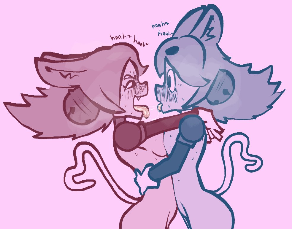 2girls after_kiss blush blushed_face blushing cat_ears cat_tail catgirl deltarune deltarune_chapter_5 dual_persona enf heart-shaped_tail irritable_ghost_(deltarune) lesbian mad_dummy mad_mew_mew pink_(deltarune) selfcest steadmondslick teasing thick_eyebrows tongue tongue_out undertale wet yuri