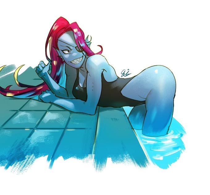 ass, blue skin, breasts, competition swimsuit, eyepatch, female, fins, fish girl, huge ass, large ass, pool, red hair, side view, swimsuit, thighs, undertale, undyne, water