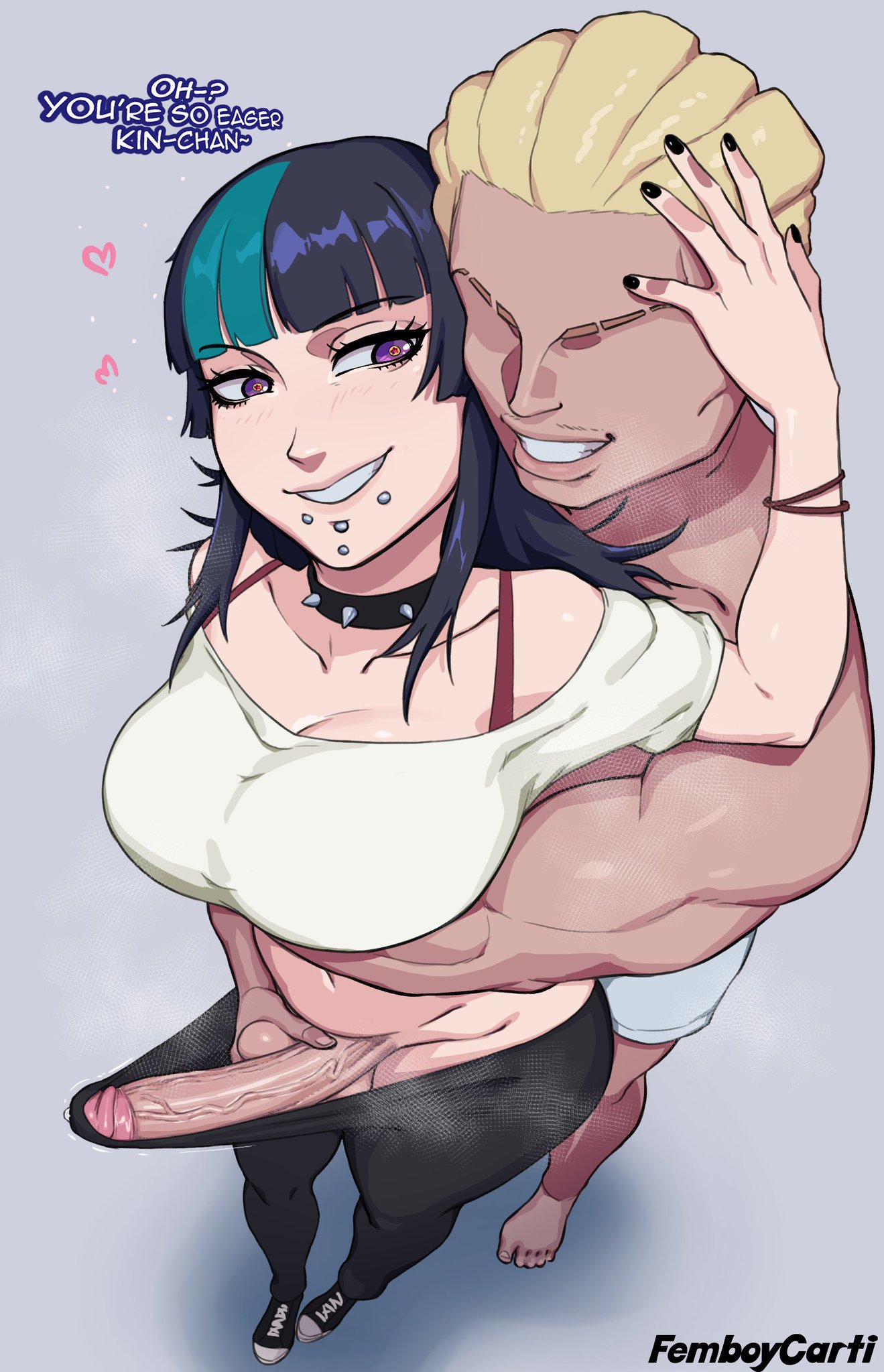 1boy, 1futa, aged up, erection, female, femboycarti, futanari, hakari kinji, hoshi kirara, huge breasts, huge cock, jujutsu kaisen