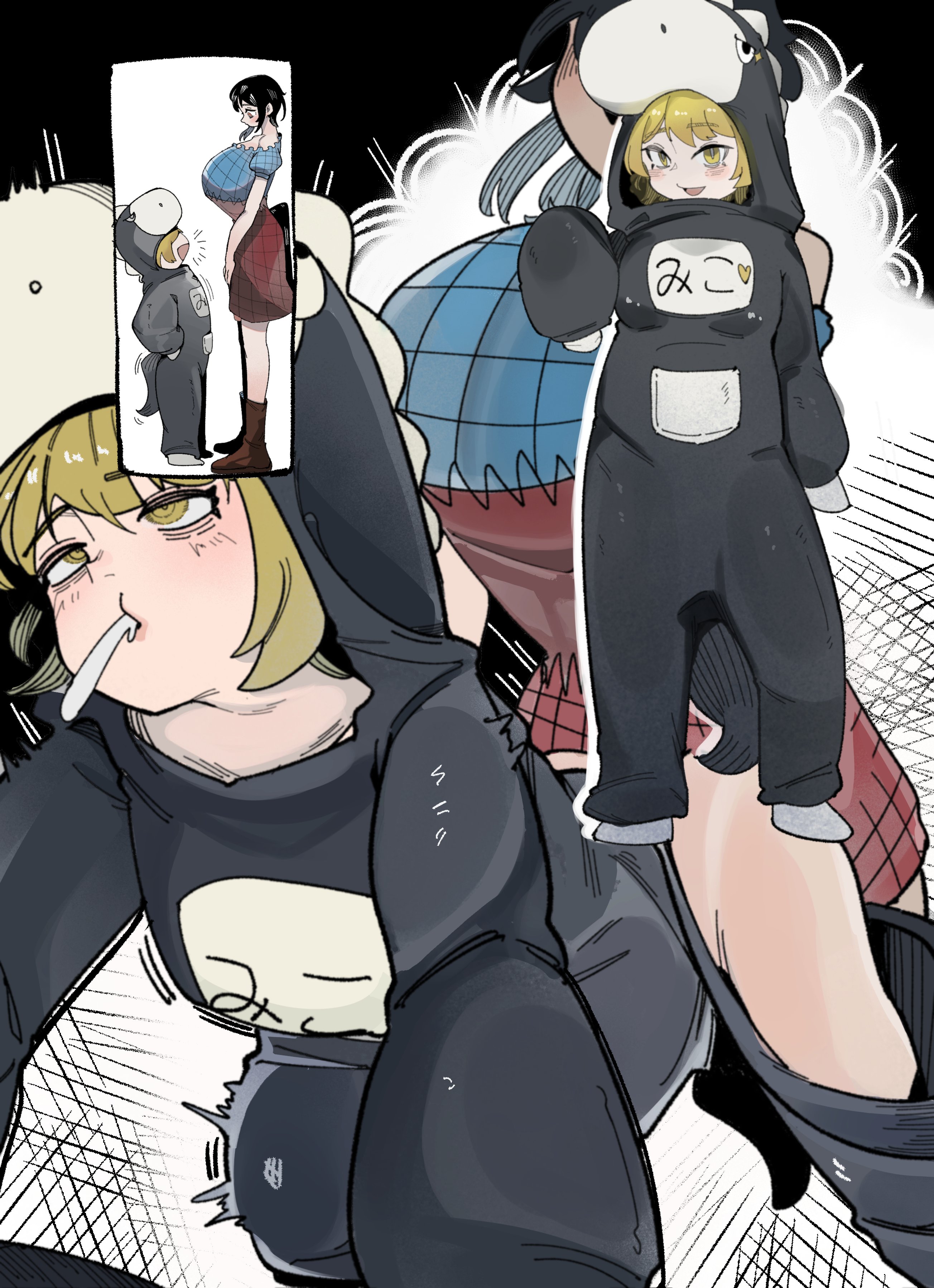 distended belly, distended stomach, distension, futanari, horse, horse costume, horse girl, japanese text, kaien0202, onesie, onesie only, onesie open, penis peek, penis poking out, penis under clothes, penis under skirt, role reversal, saki kurokoma, size difference, tagme, touhou, toyosatomimi no miko