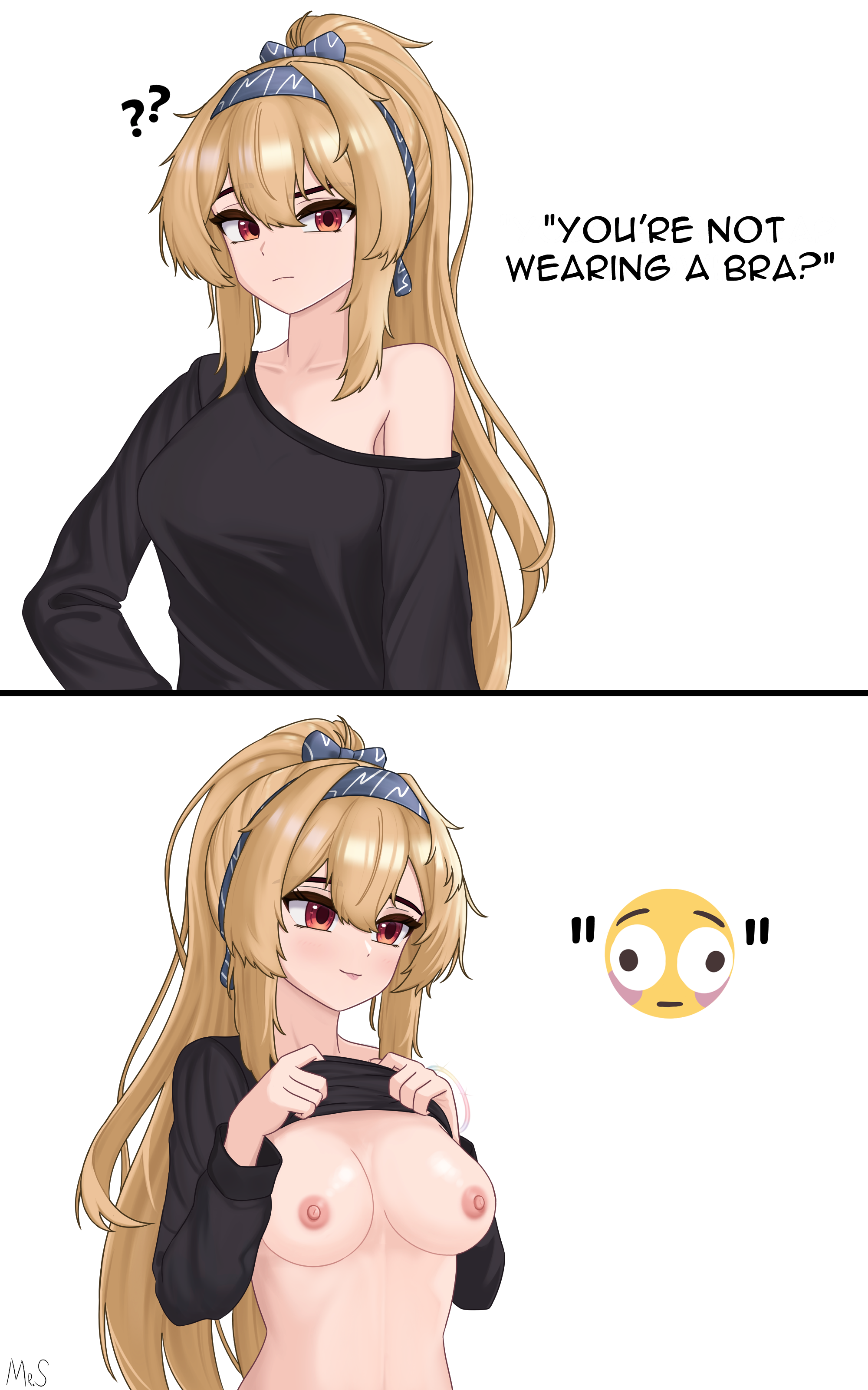 ??, 1girls, 2koma, alternate version at source, alternate version available, blonde hair, blush, bra strap is showing (meme), breasts, breasts out, closed mouth, clothing, english text, female, female only, flushed emoji, girls' frontline, hairband, lifted by self, long hair, looking at viewer, medium breasts, meme, nipples, no bra, ponytail, red eyes, shirt, shirt lift, sv-98 (girls' frontline), text, themrsomething, upper body