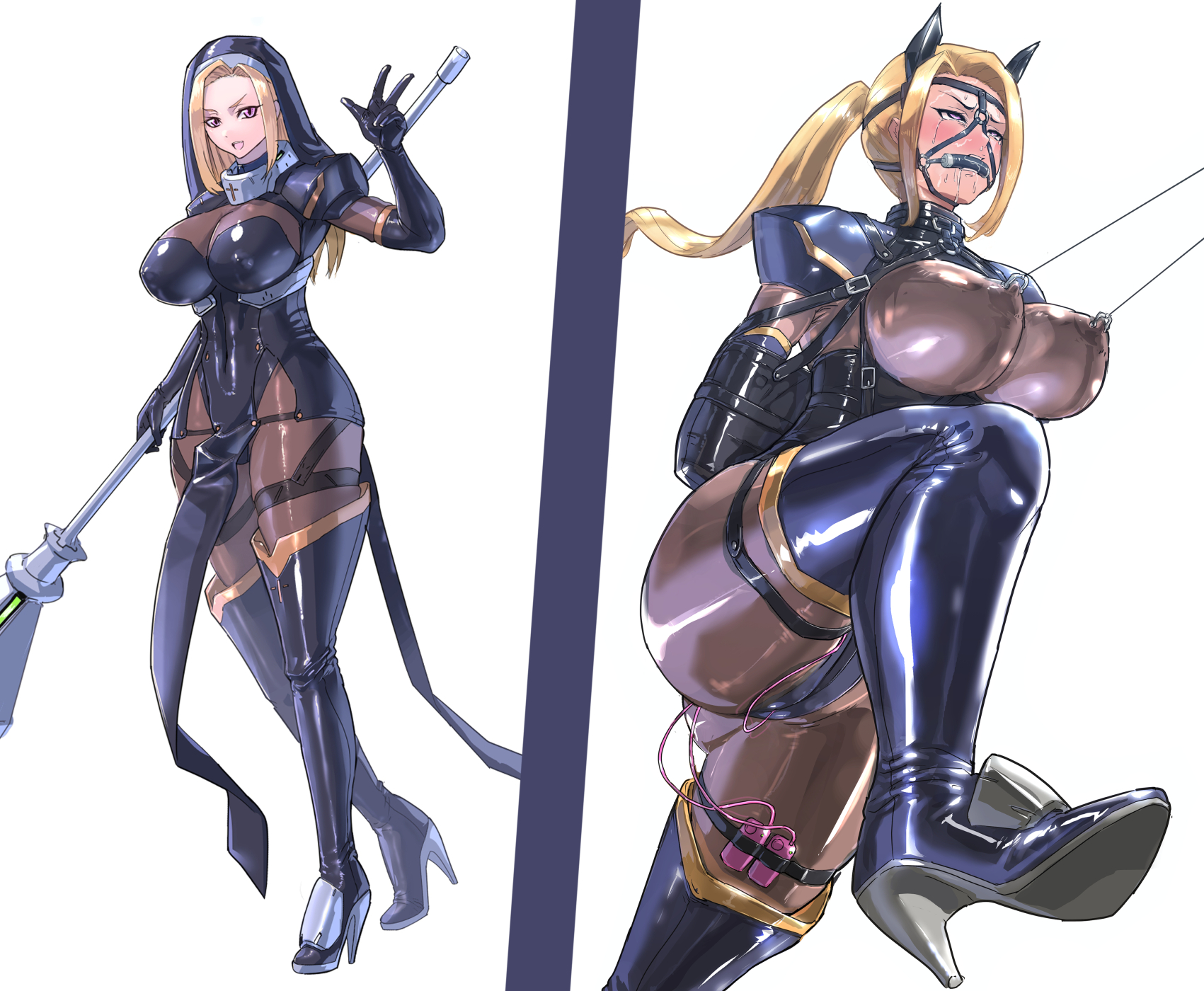 1girls, 2koma, arms behind back, artist request, before and after, big breasts, bit gag, blonde female, blonde hair, blush, bondage, bondage outfit, bound arms, bound wrists, breasts, bridle, christian cross, christian symbol, clothed, clothed female, crying, crying with eyes open, defeated, drooling, enslaved, female, female only, femsub, gag, heels, horse ears, instant loss 2koma, large breasts, nipple piercing, nipple pull, nipple reins, nipples, nun, nun outfit, petplay, piercing, pony girl, ponyplay, ponytail, revealing clothes, skintight, slave, slave girl, tears, tight clothing, vibrator, white background
