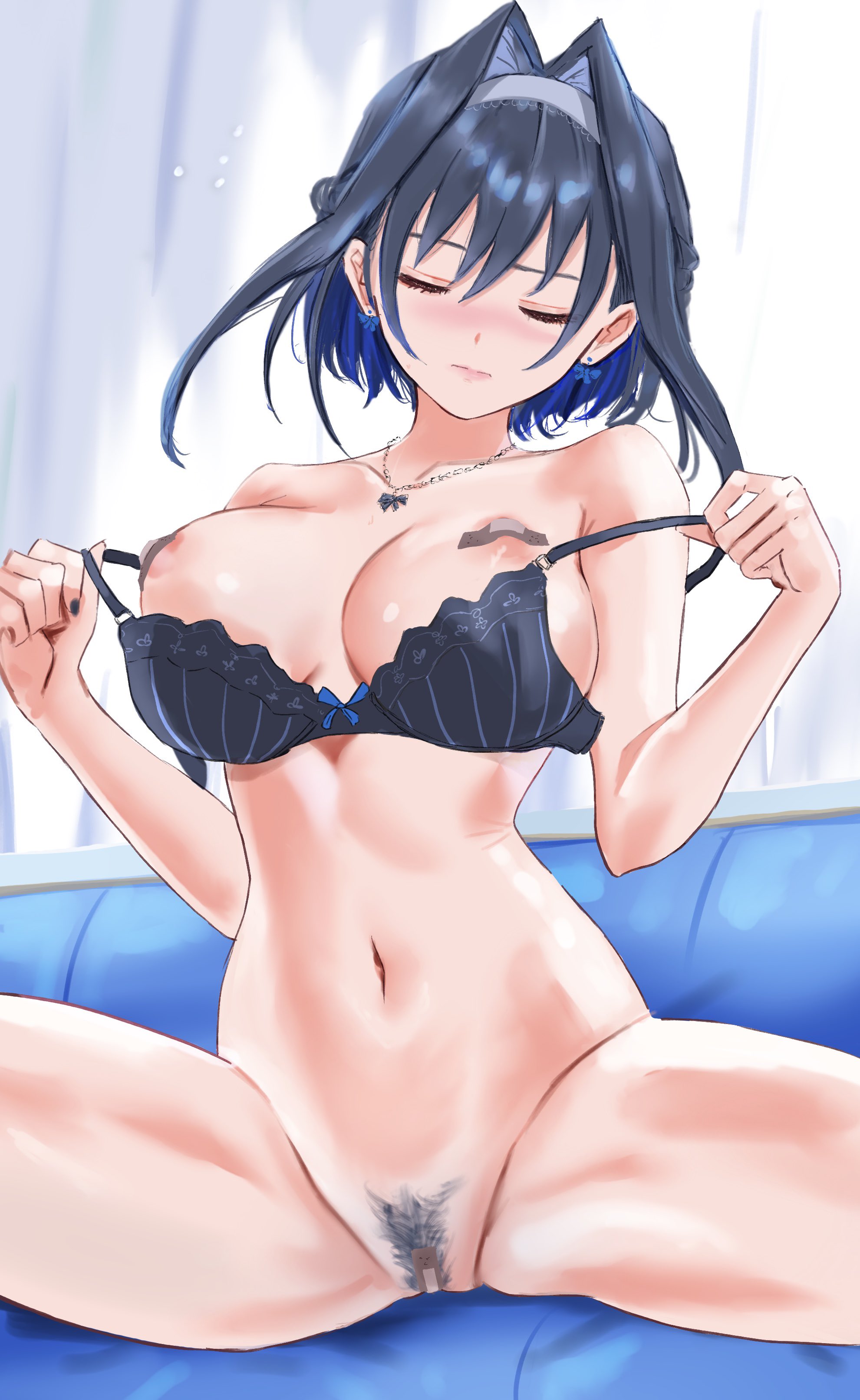 1girls, areolae, bandaid on pussy, bandaids on nipples, big breasts, blue hair, blush, bottomless, bra, bra pull, breasts, breasts out, closed eyes, closed mouth, covered nipples, dhbwinner, feet out of frame, female, female only, functionally nude, groin, hololive, hololive english, hololive english -council-, large breasts, legs apart, legs spread, navel, nipples, ouro kronii, partially visible vulva, pubic hair, spread legs, virtual youtuber
