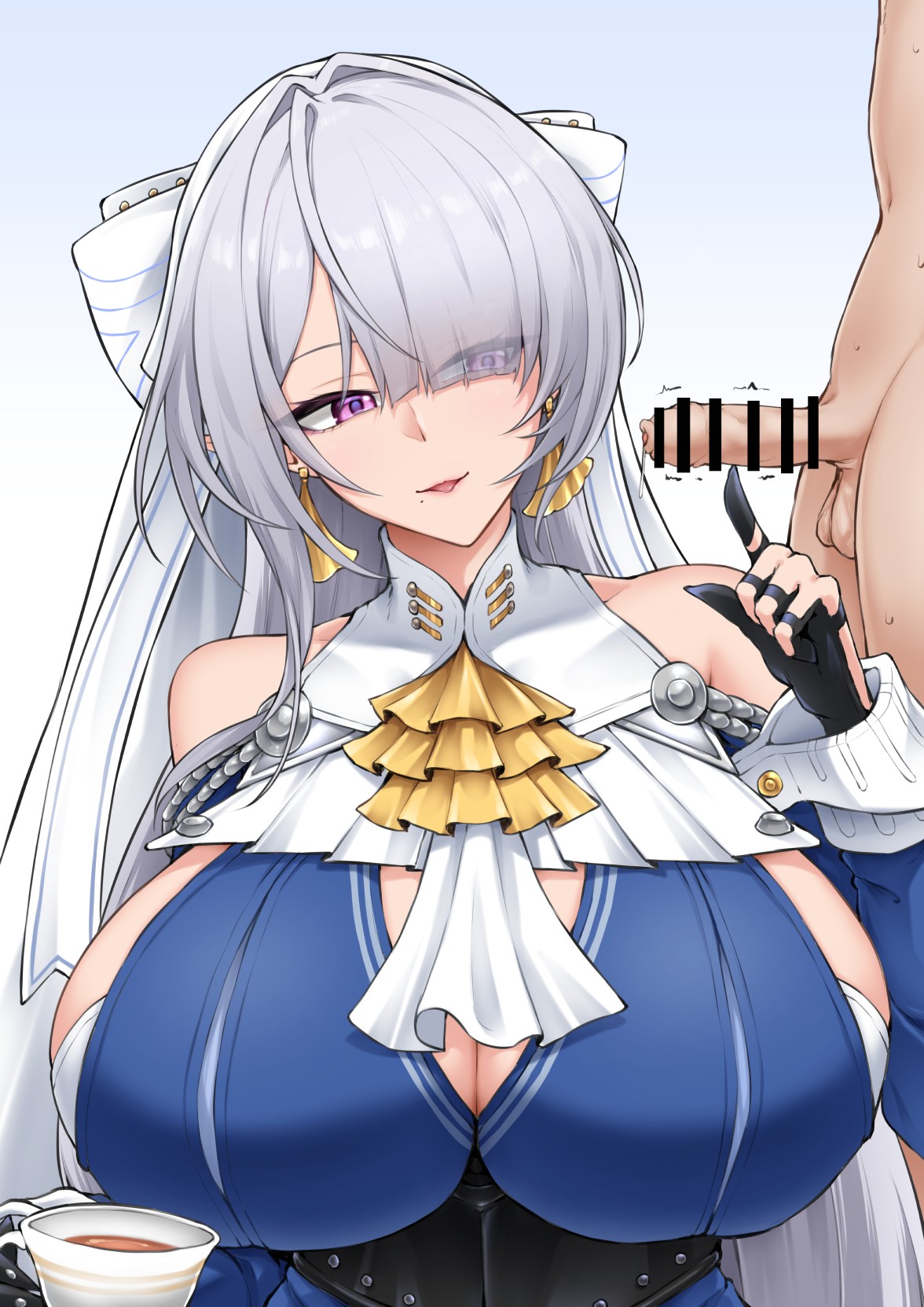 1boy, 1girls, artist request, big breasts, breasts, censored, clothed female, clothed female nude male, drink, huge breasts, nude male, penis, precum drip, small penis, small penis adoration, touching penis, twitching penis, uncircumcised, unseen male face, velina airgid, zenless zone zero