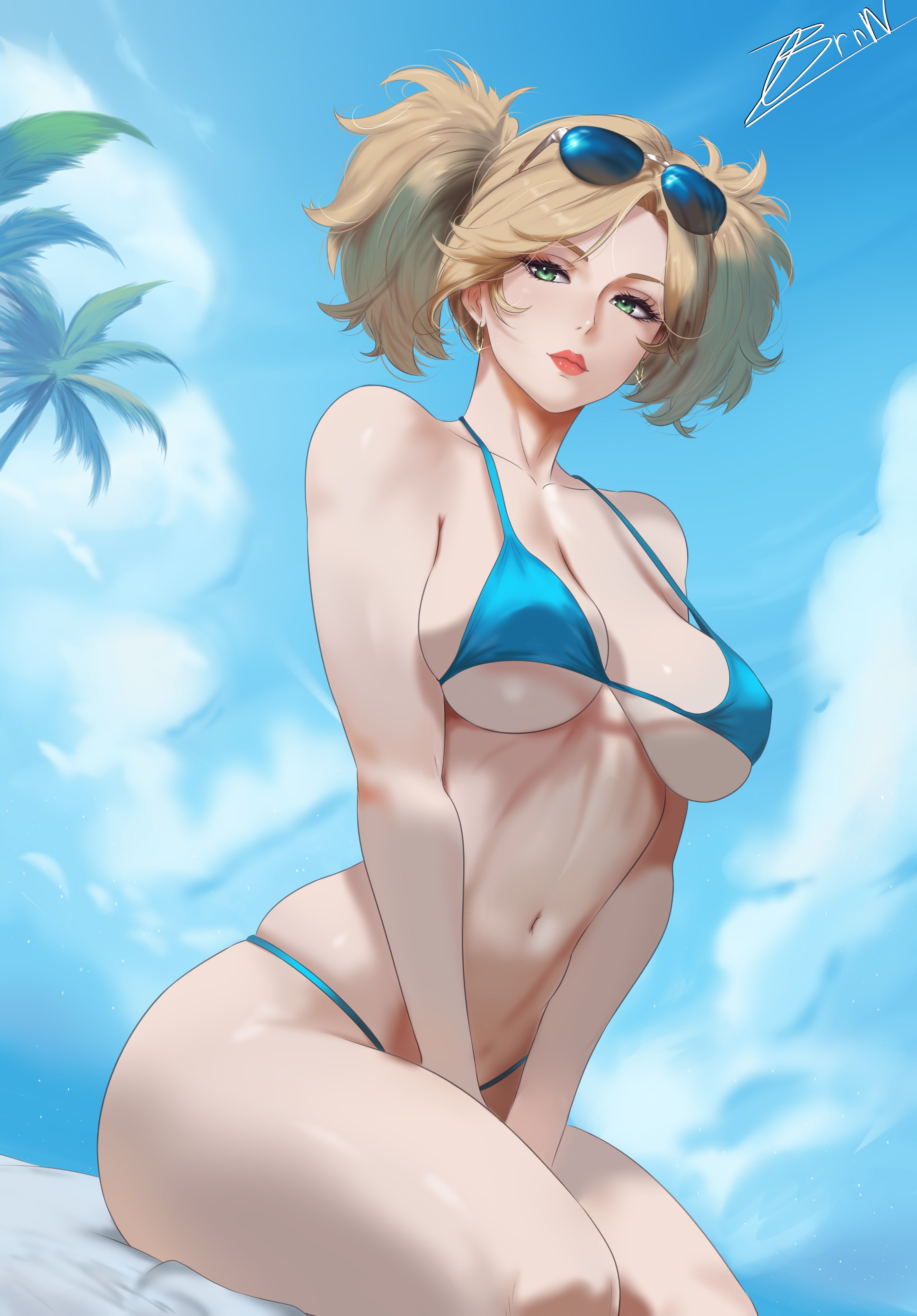 1girls, absurd res, absurd resolution, absurdres, bare arms, bare shoulders, bare thighs, beach, big breasts, bikini, bikini bottom, bikini top, blonde hair, blue bikini, blue bikini bottom, blue bikini top, blue panties, blue swimsuit, blue thong, blush, boruto: naruto next generations, brnn, busty, cleavage, ear piercing, ear ring, earrings, erect nipples, erect nipples under clothes, eyelashes, female, female focus, female only, g-string, green eyes, hi res, high resolution, highres, hips, hoop earrings, hourglass figure, inner sideboob, jewelry, kneeling, large breasts, light skin, light-skinned female, lips, lipstick, looking down, makeup, messy hair, micro bikini, naruto, naruto (series), naruto shippuden, naruto: the last, nature, nature background, nipple bulge, on knees, pale skin, pale-skinned female, palm tree, panties, perky breasts, pigtails, pink lips, pink lipstick, shonen jump, shounen jump, shueisha, sideboob, sitting, skimpy, skimpy bikini, skimpy clothes, sky, sky background, sling bikini, slingshot bikini, slingshot swimsuit, solo, solo female, solo focus, sunglasses, sunglasses on head, sunglasses removed, swimsuit, teen, teen girl, teenage, teenage female, teenage girl, teenage tits, teenager, temari, temari (naruto), temari nara, thick legs, thick thighs, thighs, thong, tied hair, toned, toned body, toned female, toned stomach, towel, tree, underboob, very high resolution, voluptuous, voluptuous female, weekly shonen jump, weekly shounen jump, wide hips