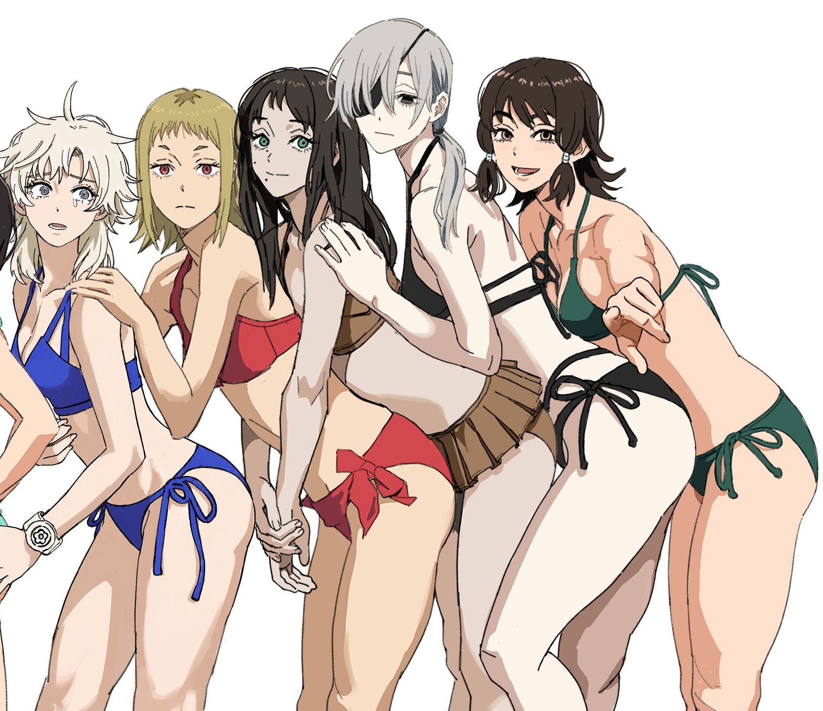 2d, 2d (artwork), 2d artwork, 5girls, adult, adult female, ahoge, almost naked, almost nude, anime, anime character, arm around shoulders, arm around waist, ass, average breasts, background, bare arms, bare belly, bare calves, bare chest, bare hands, bare hips, bare knees, bare legs, bare midriff, bare shoulders, bare skin, bare thighs, belly, bikini, bikini bottom, bikini only, bikini top, black bikini, black bikini bottom, black bikini top, black eyepatch, black eyes, black hair, black swimsuit, black swimwear, black-eyed female, black-haired female, blank background, blank expression, blank eyes, blank stare, blonde, blonde female, blonde hair, blonde hair female, blonde-haired female, blue bikini, blue bikini bottom, blue bikini top, blue swimsuit, blue swimwear, bored, bored expression, breast press, breast press on chest, breast squeeze, breasts, breasts press, breasts pressed against another, breasts pressed against partner, breasts pressed together, brown bikini, brown bikini bottom, brown bikini top, brown eyes, brown hair, brown swimsuit, brown swimwear, brown-eyed female, brown-haired female, busty, busty female, busty girl, chainsaw man, cleavage, closed mouth smile, collarbone, crying, crying female, crying tears, crying with eyes open, dark hair, death devil (chainsaw man), digital, digital art, digital drawing, digital drawing (artwork), digital media, digital media (artwork), drawing, elbows, emotionless, exposed, exposed arms, exposed belly, exposed chest, exposed hips, exposed legs, exposed midriff, exposed shoulders, exposed skin, exposed thighs, eyepatch, fanart, fanart from twitter, female, female focus, female only, fingers, frilled bikini, frilled bikini bottom, frilled bikini top, frilled swimsuit, frilled swimwear, fumiko mifune (chainsaw man), green bikini, green bikini bottom, green bikini top, green eyes, green swimsuit, green swimwear, green-eyed female, grey eyes, grey-eyed female, groin, hair between eyes, halterneck, hand on another's arm, hand on another's shoulder, hand on arm, hand on shoulder, inguinal crease, inguinal ligament, knees, landscape, large breasts, lean figure, leaning, leaning forward, light smile, long hair, looking at viewer, looking down, looking down at viewer, looking sideways, looking to the side, mappa, mature, mature female, mature woman, medium breasts, midriff, mole, mole above mouth, mole on body, mole on cheek, mole on face, mole under eye, monotone background, mostly nude, multiple females, multiple girls, naked, naked female, naked woman, narrow waist, nearly nude, neutral expression, nude, nude female, nudity, one color background, open mouth, open mouth smile, parted lips, plain background, plump thighs, pointing, pointing at viewer, ponytail, posing, posing for the viewer, posing naked, posing nude, practically nude, pressing breast on partner, pressing breasts, pressing breasts together, quanxi (chainsaw man), red bikini, red bikini bottom, red bikini top, red eyes, red swimsuit, red swimwear, red-eyed female, ring eyes, ringed eyes, santa claus (chainsaw man), sawatari akane, shiren, shonen jump, shoulders, shueisha, side-tie bikini, sideboob, sidelocks, slender body, slender waist, slight smile, slim female, slim waist, small breasts, smile, smiley face, smiling, smiling at viewer, solid color background, squeezing breast, squeezing breasts, standing, string bikini, swimsuit, swimwear, tear, tearing up, tears, tears in eyes, teary eyes, thick thighs, thighs, tied hair, tongue, touching arm, touching shoulder, upper body, voluptuous body, weekly shonen jump, white background, white hair, white-haired female, wide hips, woman, wrist watch