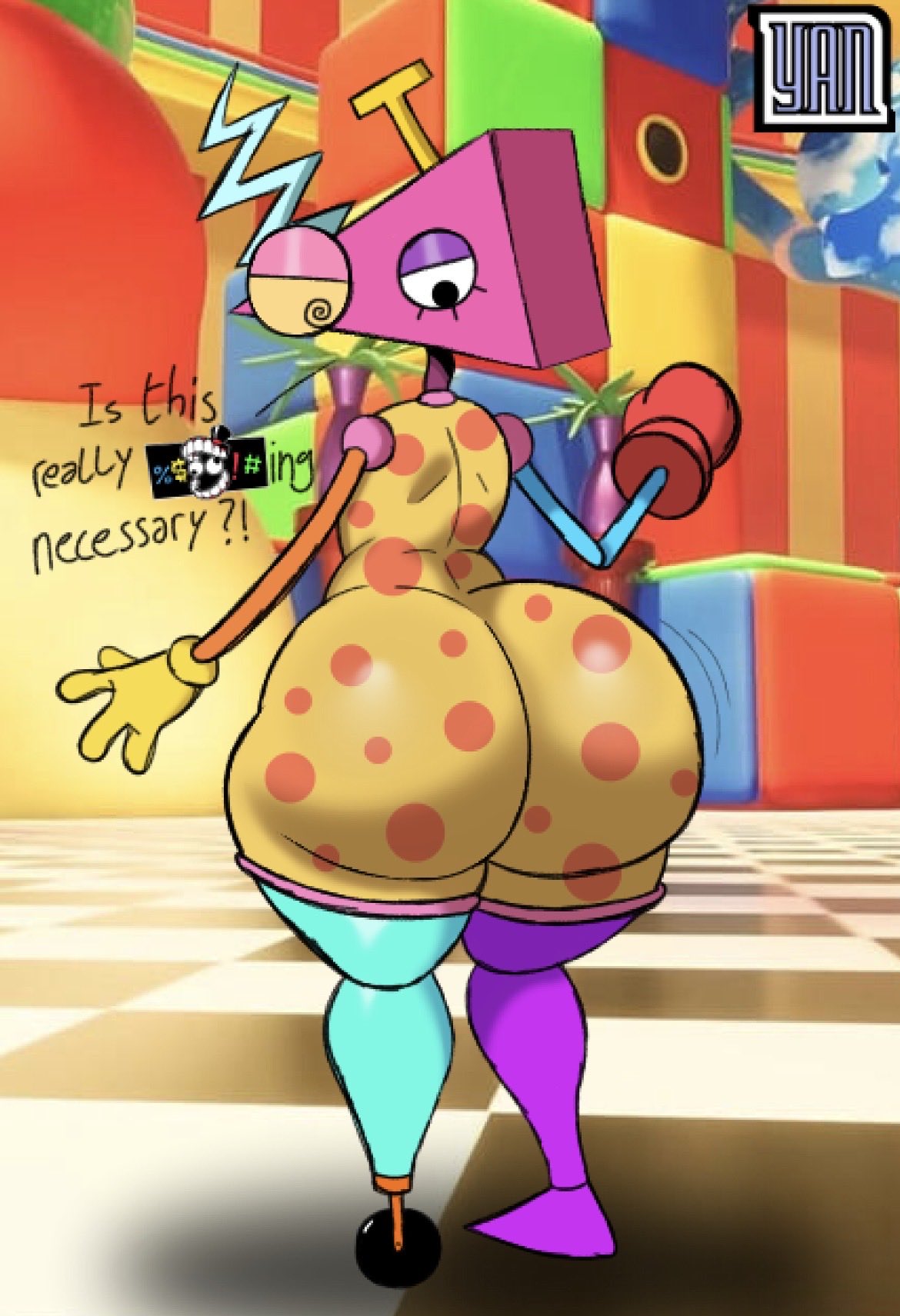 1nonbinary, 2026, 2d, 2d (artwork), ass, ass focus, back view, big ass, big butt, caine censorship, censor bar, censored text, checkered floor, color, colored, dialogue, digital drawing (artwork), digital media (artwork), english text, fat ass, fat butt, glitch productions, gluteal fold, gooseworx, living toy, looking at own ass, looking at own butt, looking at self, looking back, looking back at ass, looking back at butt, looking back at own ass, mismatched eyes, motion lines, nonbinary, rear view, solo, tadc, text, the amazing digital circus, thick ass, thick butt, thick thighs, thighs, triangle head, watermark, yanafterdark, zooble (tadc), zooble (the amazing digital circus)