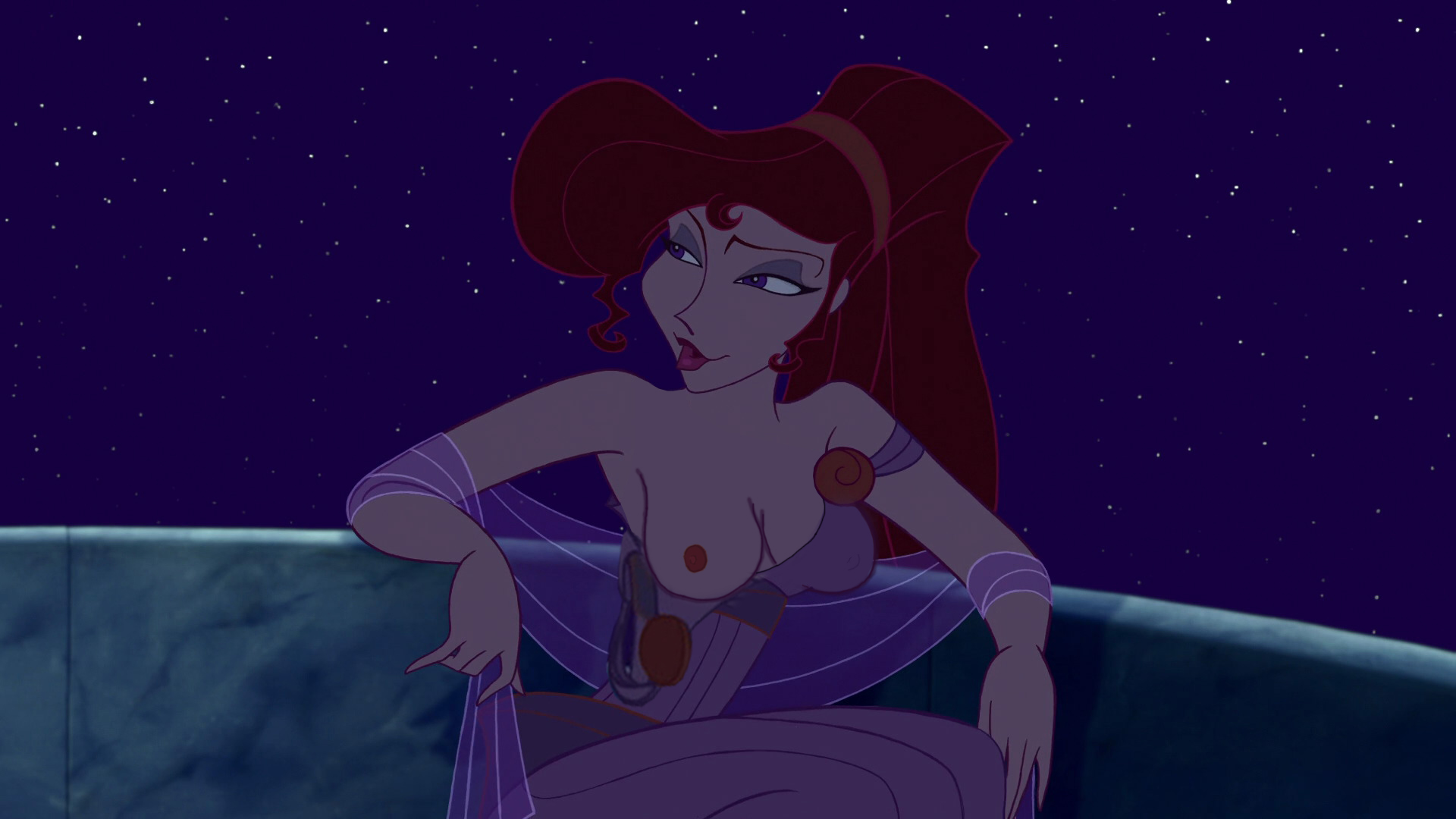 accurate art style, breasts, disney, edit, female, hercules (disney), megara, nipples, nude, rippling-pectorals (artist), screenshot, screenshot edit