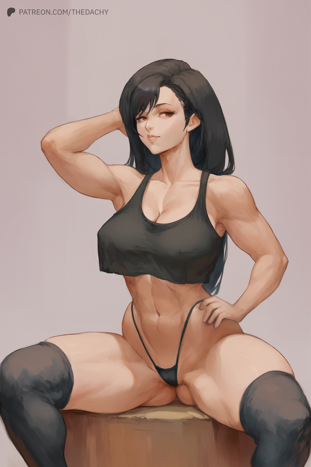 1girls ai_generated black_hair female final_fantasy final_fantasy_vii final_fantasy_vii_remake large_ass large_breasts long_hair muscular_female muscular_thighs red_eyes simple_background sitting tagme tank_top thedachy thick_thighs thighhighs thighs thong tifa_lockhart underwear