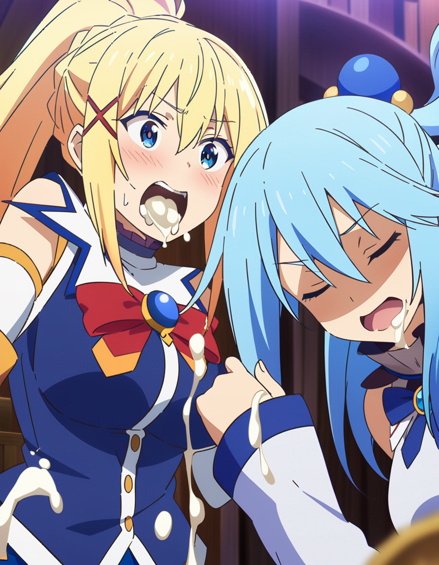 2girls after_kiss ai_generated aqua_(konosuba) aqua_hair big_breasts blonde_hair blue_eyes blue_hair blush closed_eyes cum cum_in_mouth cum_on_tongue cum_sharing darkness_(konosuba) drooling drooling_cum eating eating_cum female female_only kono_subarashii_sekai_ni_shukufuku_wo! long_hair morindar open_eyes open_mouth snowballing surprise surprised swallowing swallowing_cum yellow_hair yuri