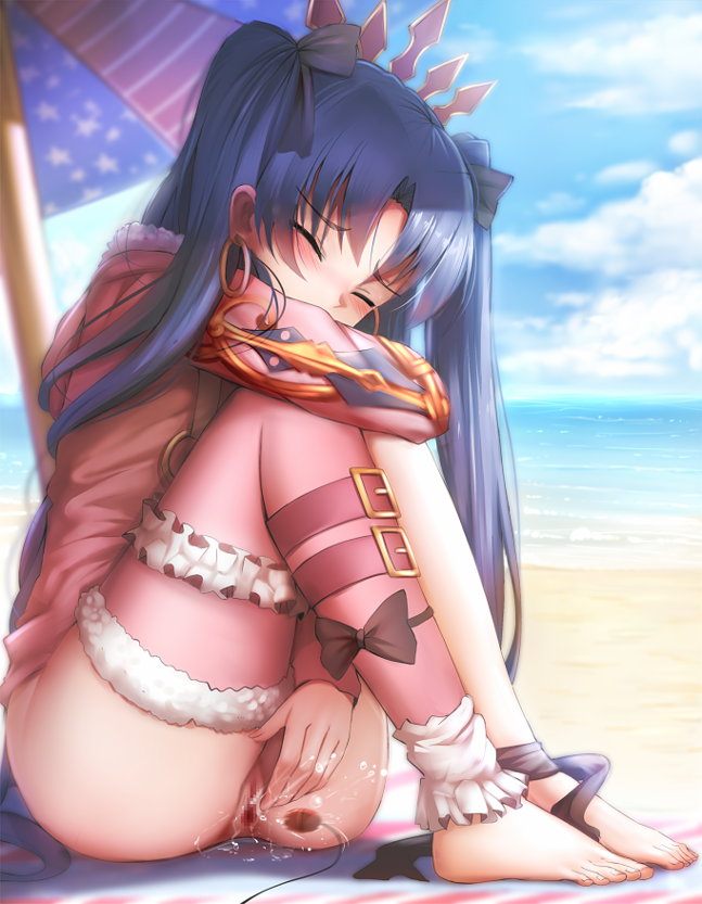 1girls alternate_color alternate_costume arm_up ass beach belt between_legs black_bow black_ribbon blue_background blush bottomless bow censored closed_eyes cloud covering_mouth crown earrings eyebrows_visible_through_hair fate/grand_order fate_(series) feet female female_ejaculation female_orgasm full_body fur_trim ginhaha hair_ornament hairbow hand_between_legs hood hoodie hoop_earrings ishtar_(fate) ishtar_(swimsuit_rider)_(fate) jewelry long_hair long_sleeves mosaic_censoring ocean one-piece_swimsuit orgasm outdoors pink_hoodie pink_legwear purple_hair pussy pussy_juice remote_control_vibrator ribbon single_thighhigh sitting sky solo swimsuit thighhighs tied_hair towel twintails umbrella vibrator water white_swimsuit