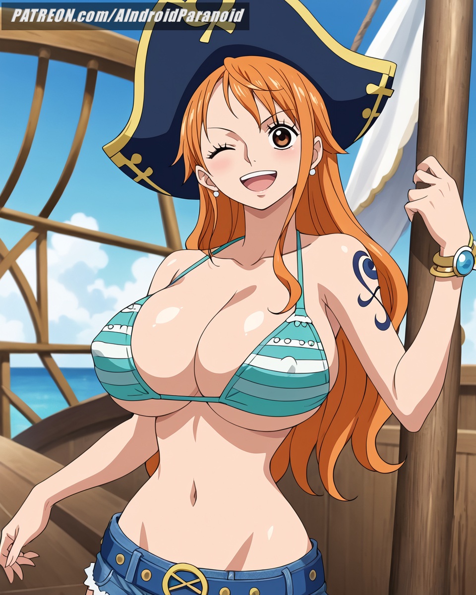 ai_generated aindroidparanoid ass big_ass big_breasts big_butt bikini brown_eyes busty cleavage curvy cute fat_ass female female_only gigantic_breasts hips huge_ass huge_breasts large_ass large_breasts legs long_hair massive_breasts nami nami_(one_piece) narrow_waist one_piece orange_hair outdoors pirate post-timeskip ship slim_waist stable_diffusion thick_ass thick_thighs voluptuous waist wavy_hair wide_hips