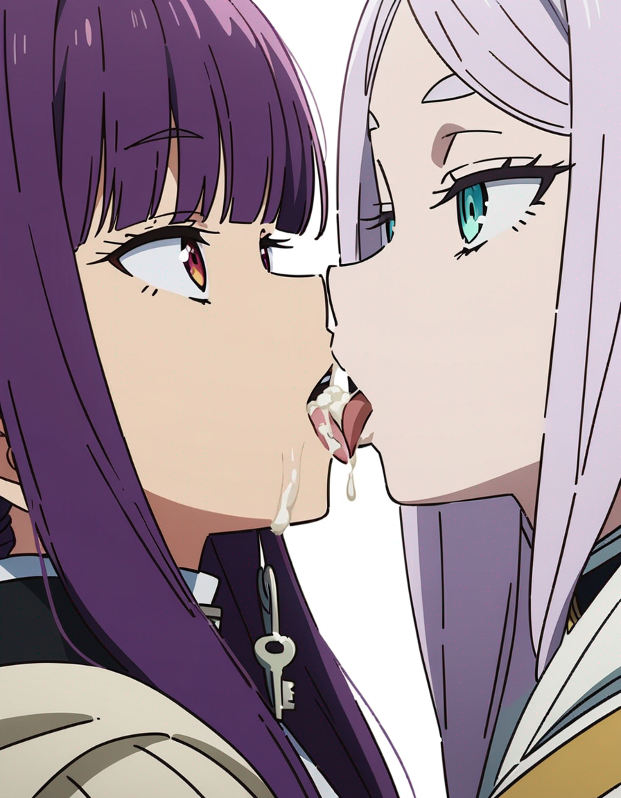 2girls ai_generated clothed cum cum_in_mouth cum_kiss cum_on_tongue cum_swap cum_swapping drooling drooling_cum drooling_tongue elf elf_female female female_only fern_(sousou_no_frieren) frieren green_eyes human kissing kissing lesbian_kiss morindar open_eyes open_mouth purple_hair silver_hair sousou_no_frieren swallowing swallowing_cum tongue tongue_out yuri yuri