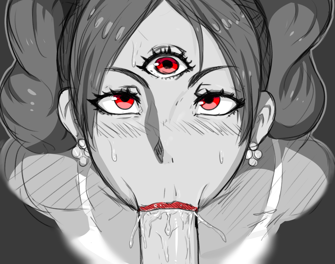 :>=, 3 eyes, afrobull, blowjob, blowjob face, blush, charlotte pudding, cross-eyed, crossed eyes, erection, eyelashes, fellatio, female, female focus, lipstick, looking at viewer, looking up, male, male pov, messy, monochrome, multi eye, near monochrome, one piece, oral, partial male, penis, pov, red eyes, red lipstick, saliva, saliva trail, slurp, twintails