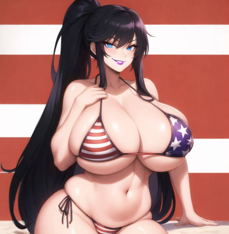 ai_generated american_flag_bikini bangs black_hair blue_eyes dc_comics huge_breasts looking_at_viewer plump_thighs ponytail punchline_(dc) purple_lipstick shawntheimmortal942 smirk smirking smirking_at_viewer voluptuous voluptuous_female