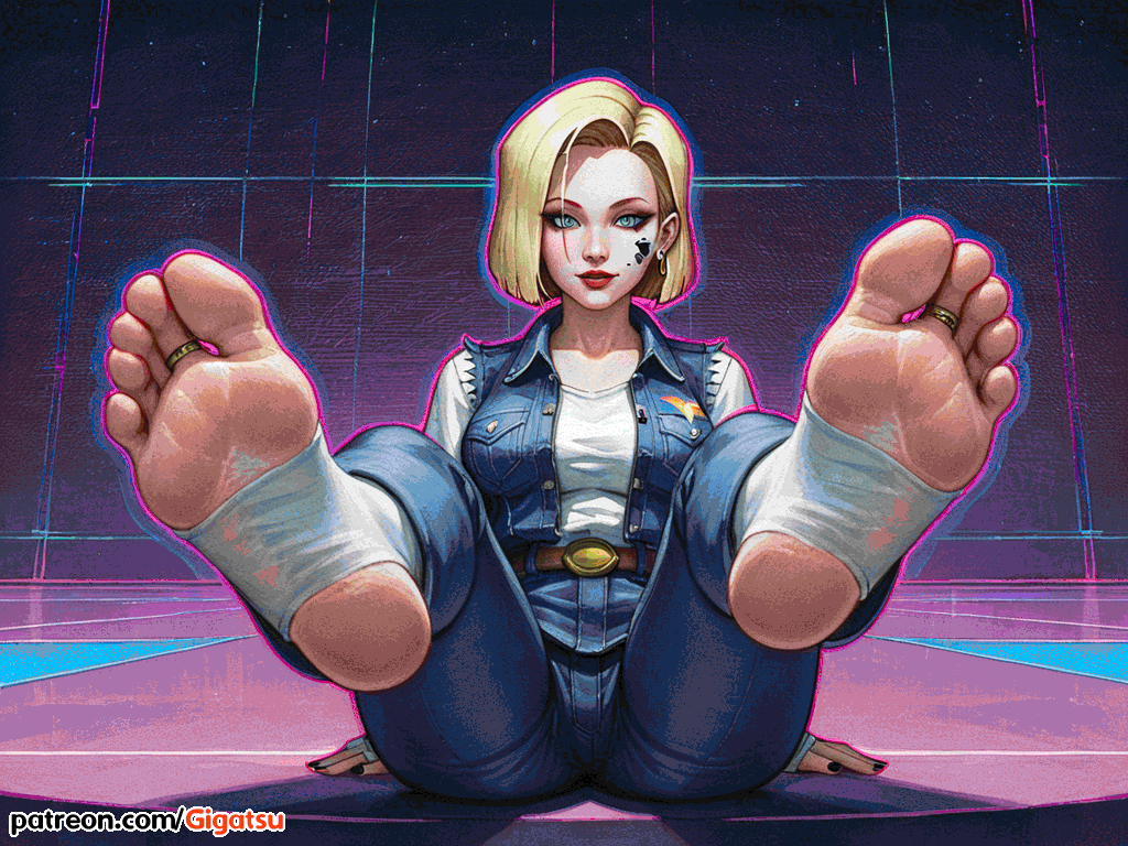 ai_generated android_18 blonde_hair dragon_ball feet foot_fetish foot_focus gigatsu looking_at_viewer seductive seductive_pose sole_female soles toes vaporwave