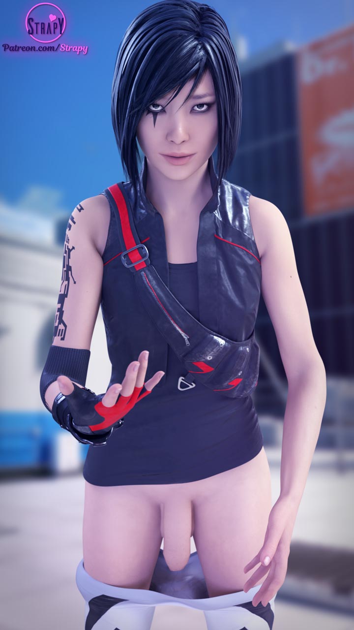 1futa, 3d, balls, blender, faith connors, faith connors (mirror's edge catalyst), female, flaccid, foreskin, futa only, futanari, intersex, looking at viewer, mirror's edge, mirror's edge catalyst, penis, solo, solo female, solo futa, strapy, testicles, uncircumcised, uncut