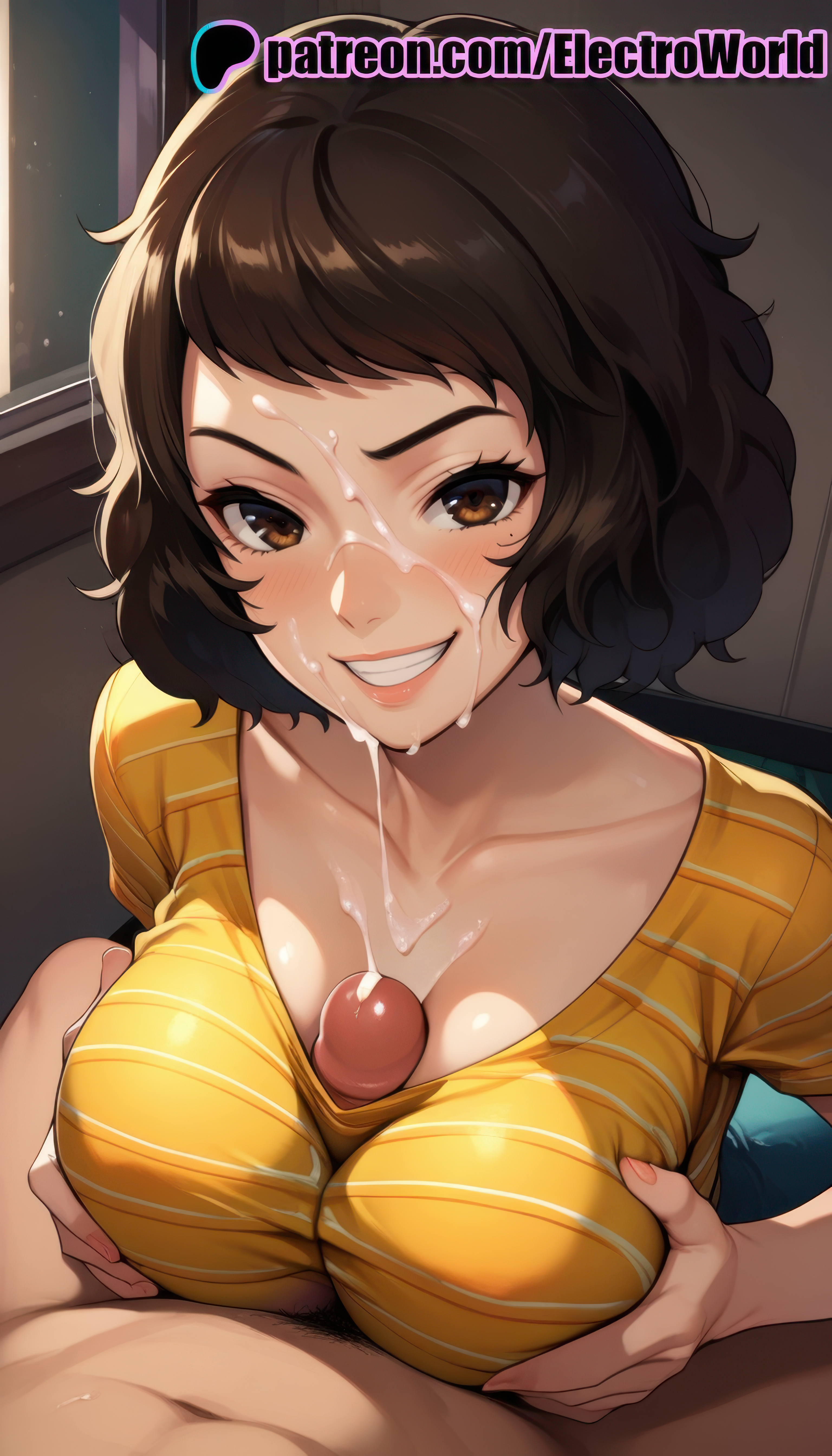1boy, 1girls, ai generated, blush, breasts, cock, cum, cum drip, cum in mouth, cum on body, cum on breasts, cum on face, cum on hair, cumshot, electroworld, exposed breasts, female, female focus, genitals, grabbing breasts, grabbing own breast, highres, jerking, looking at viewer, male, male/female, masturbation, nipples, nude, nude female, nude male, paizuri, penis, penis out, persona, persona 5, sadayo kawakami, shiny skin, short hair, uncensored, vein, veins, veiny penis